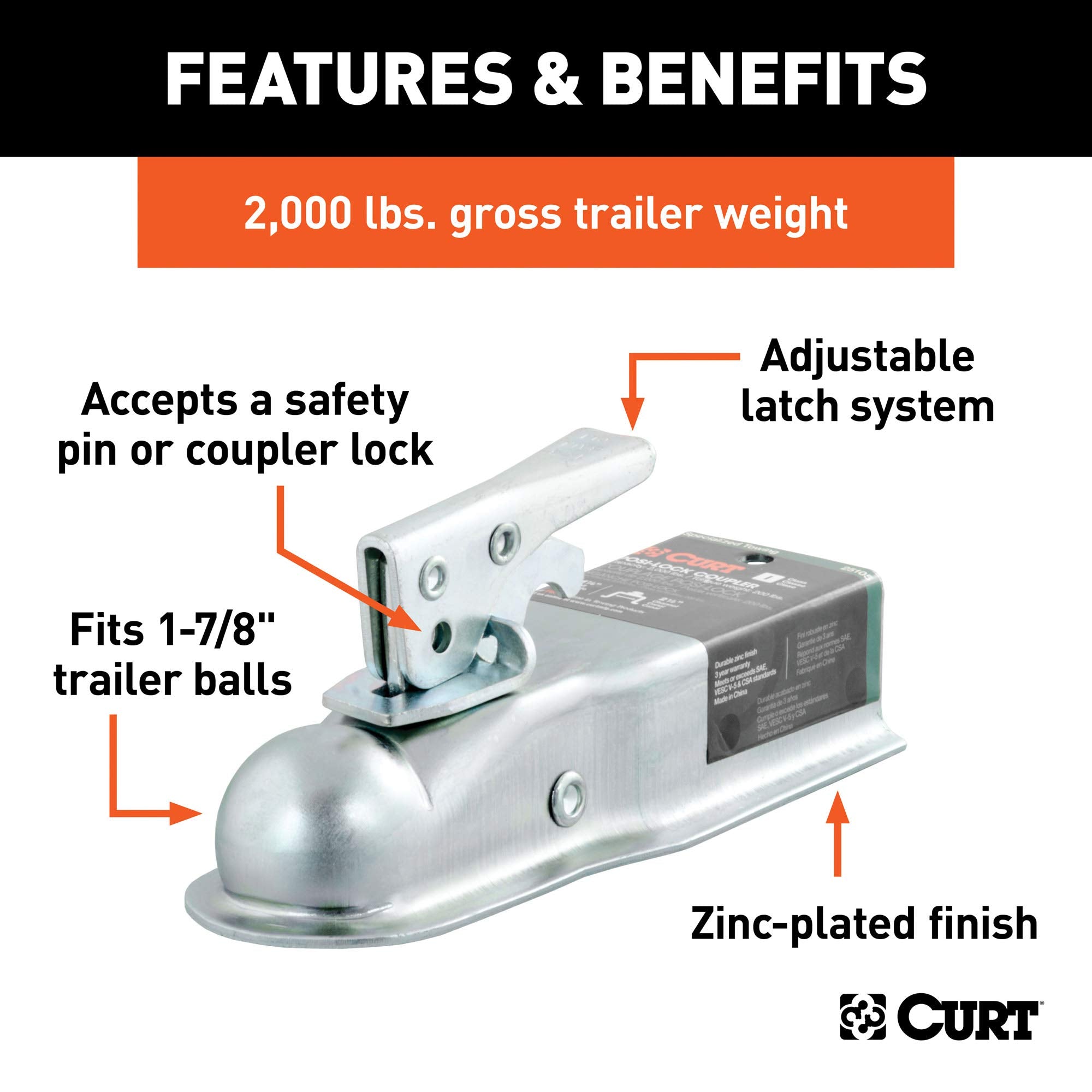 CURT Straight Tongue Trailer Coupler for 1-7/8-In Hitch Ball, 2-1/2-Inch Channel, 2,000 lbs