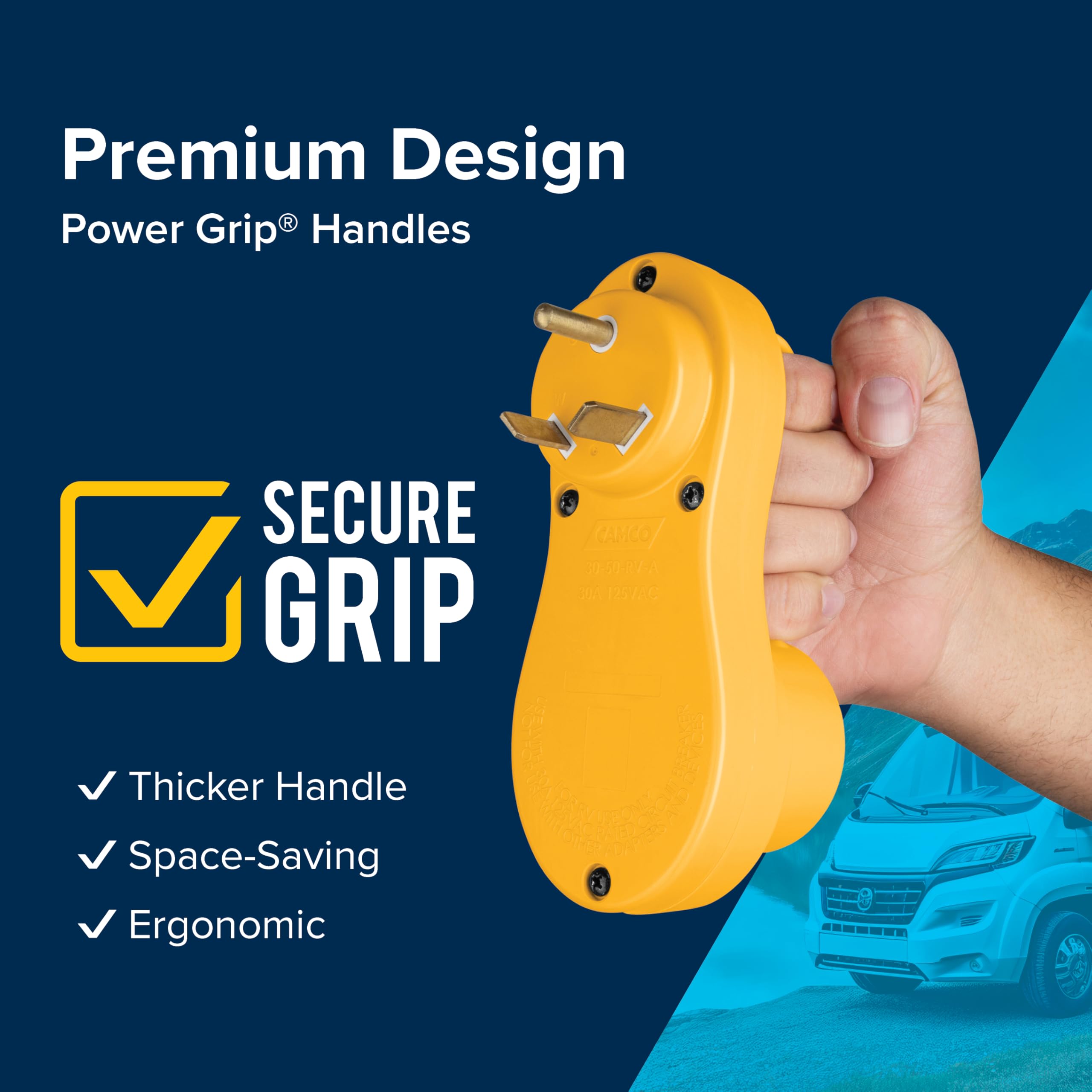 Camco Power Grip Electrical Adapter Offset - 30 amp to 50 amp RV Power Adapter - Design to Relieve Cord Stress (55133)