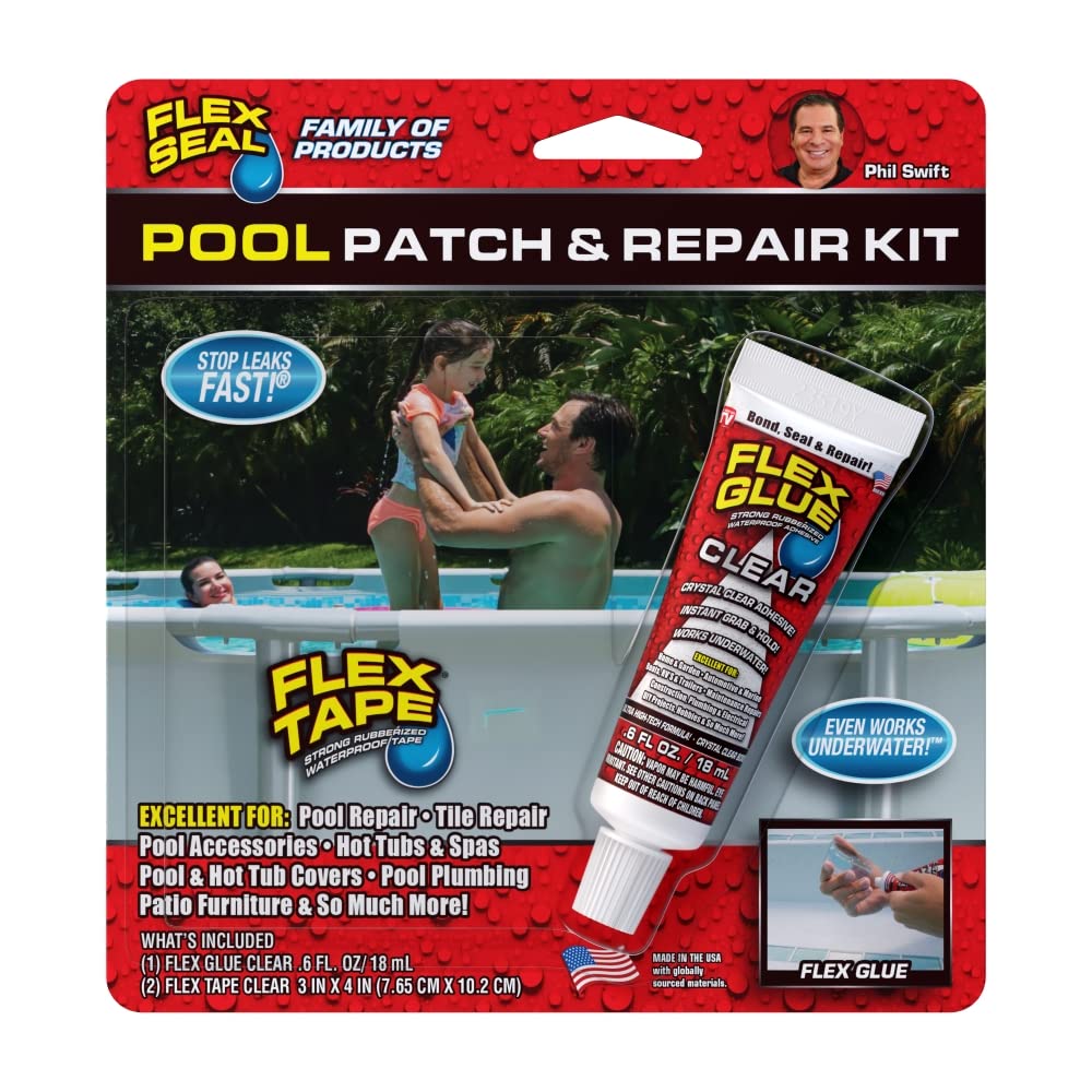 Flex Seal Pool Repair and Patch Kit, Super Strong, Waterproof, Rubberized, UV Resistant, Seal and Patch Leaks, Works Underwater, Use on Pools, Hot Tubs and Spas, Tiles and Patio Furniture