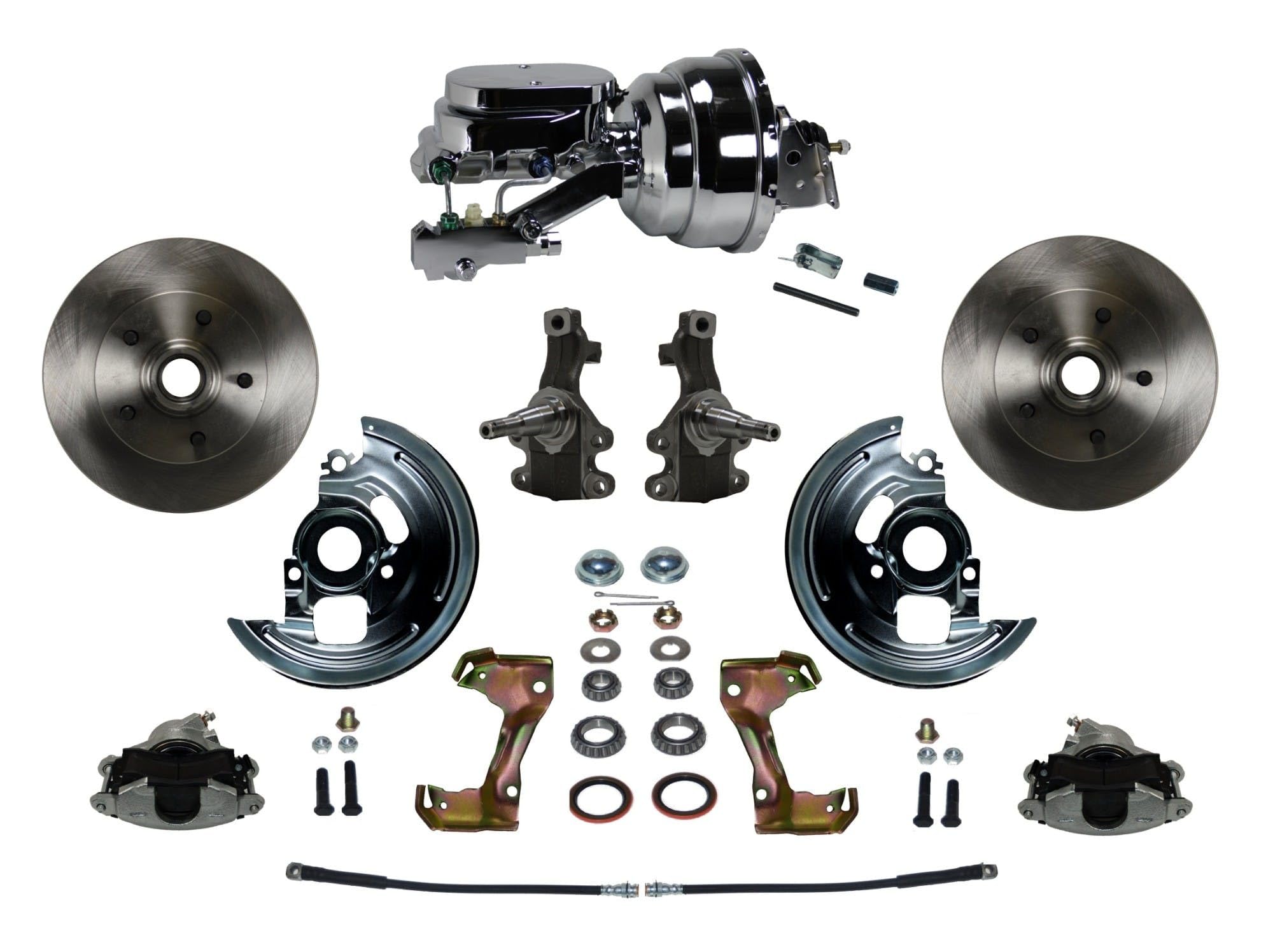 Power LEED BRAKES Front Disc Brake Conversion Kit 2" Drop Spindle With 8" Dual Chrome Booster Flat Top Chrome M/C Disc/Drum Side Mount
