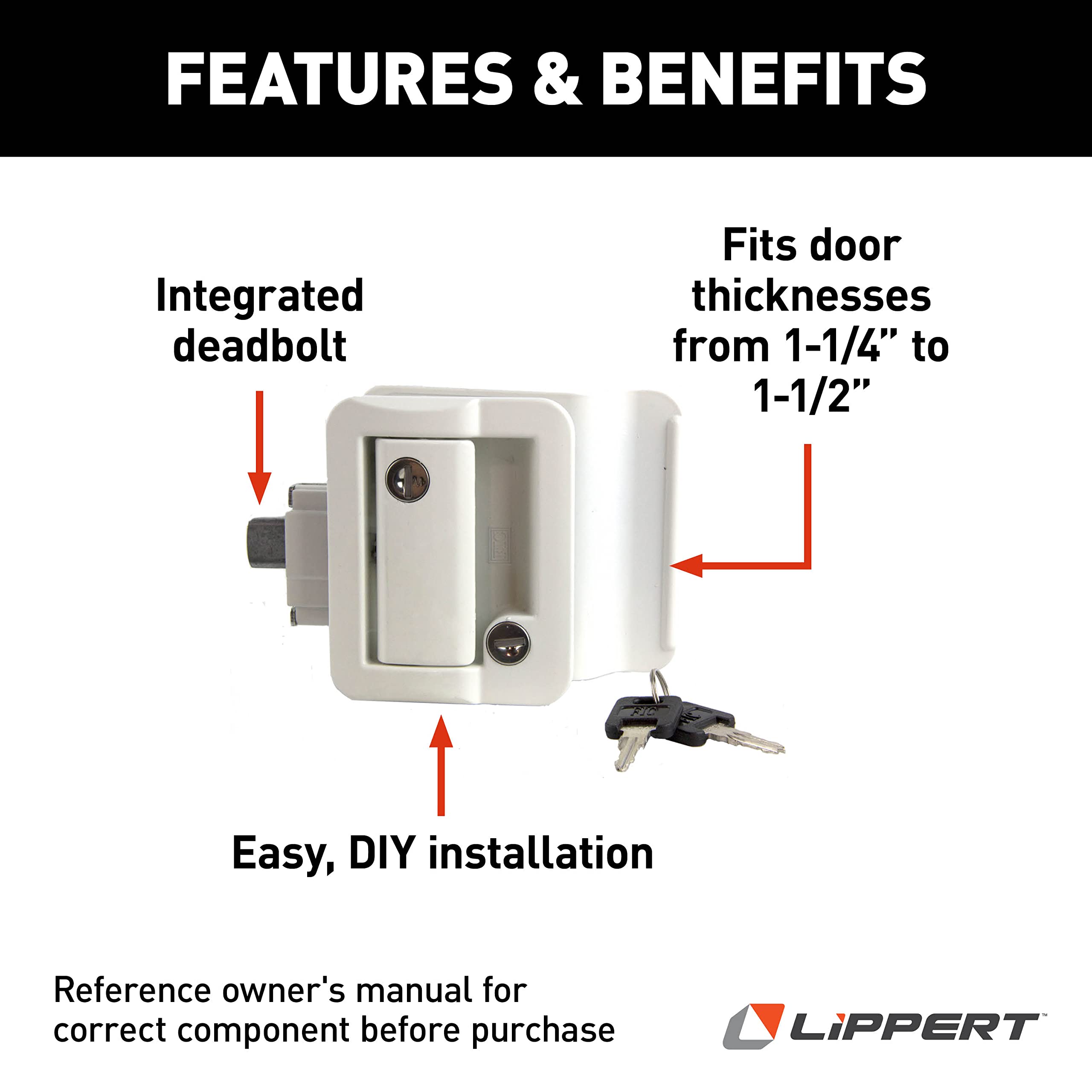 Global Entry Door Latch Kit Lippert with Deadbolt, Keyed Lock, Two FIC Keys, Edge Cover Plate, Strike Plate, Mounting Screws for Travel Trailers - 239632, White