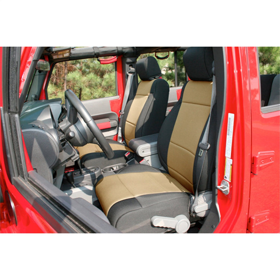 13215.04 Rugged Ridge Front Seat Cover Pair BLACK/TAN Neoprene For 2011 Jeep Wrangler