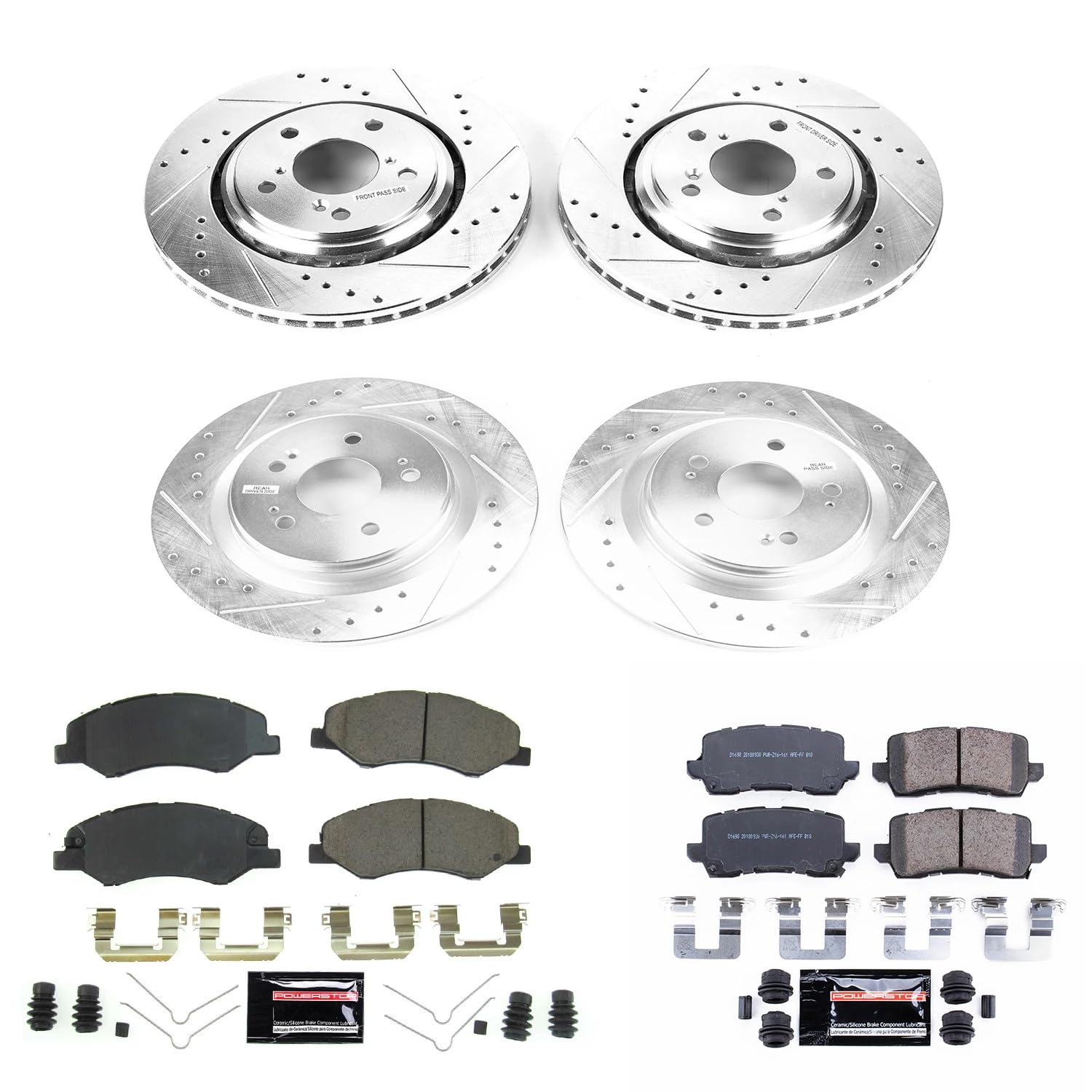 Power Stop K7923 Z23 Carbon Fiber Brake Pads Front and Rear with Drilled and Slotted Brake Rotors Kit For 2018 2019 2020 Honda Odyssey