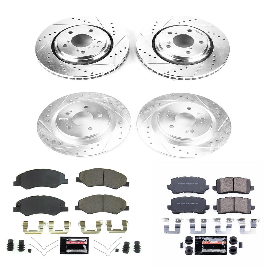 Power Stop K7923 Z23 Carbon Fiber Brake Pads Front and Rear with Drilled and Slotted Brake Rotors Kit For 2018 2019 2020 Honda Odyssey