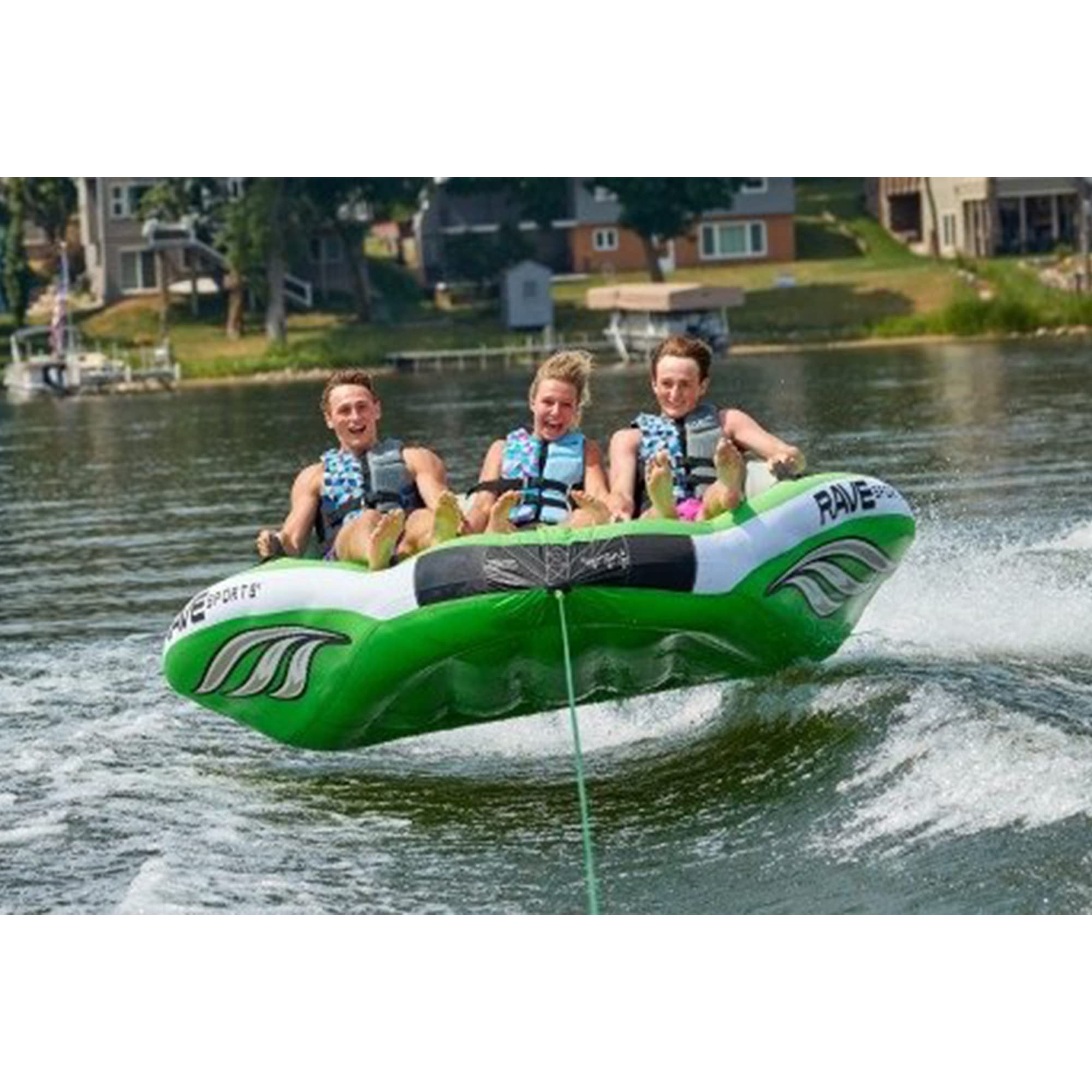 3 Person RAVE Sports Inflatable Durable Nylon Wake Hawk Towable Boating Water Tube Raft with 6 Handles, Knuckle Guards, and 2 Air Chambers, Green
