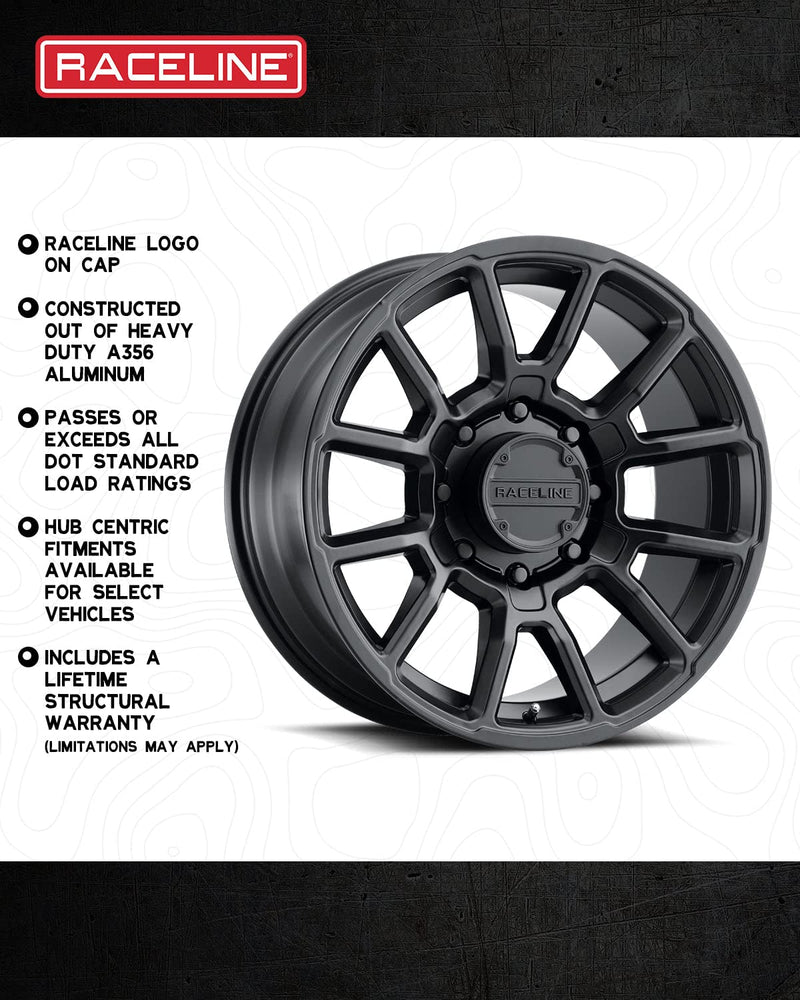 950B Raceline Wheels GAUGE Wheel Satin Black 18X9"5X127 Bolt Pattern +18mm Offset/(5.57"B/S) Split Spoke Aluminum Passenger Car Wheels, Full Size Replacement Black Car Rims