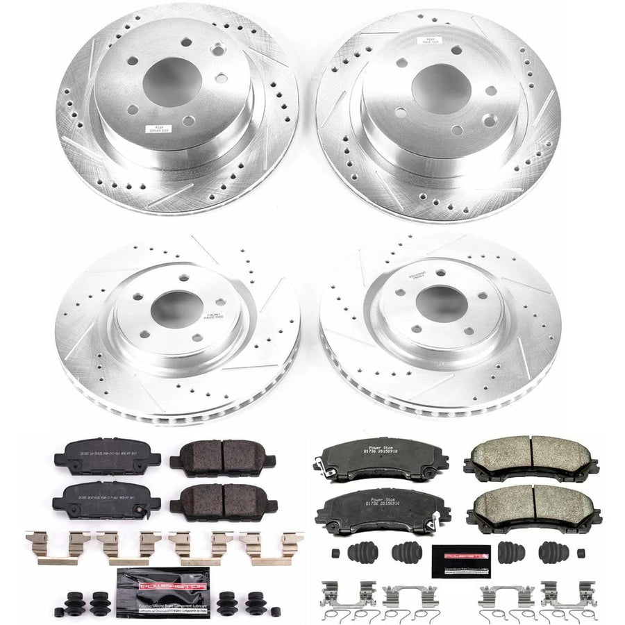 Power Stop K7033 Z23 Carbon Fiber Brake Pads Front and Rear with Drilled & Slotted Brake Rotors Kit For Nissan Rogue 2014-2019 [Model Specific]