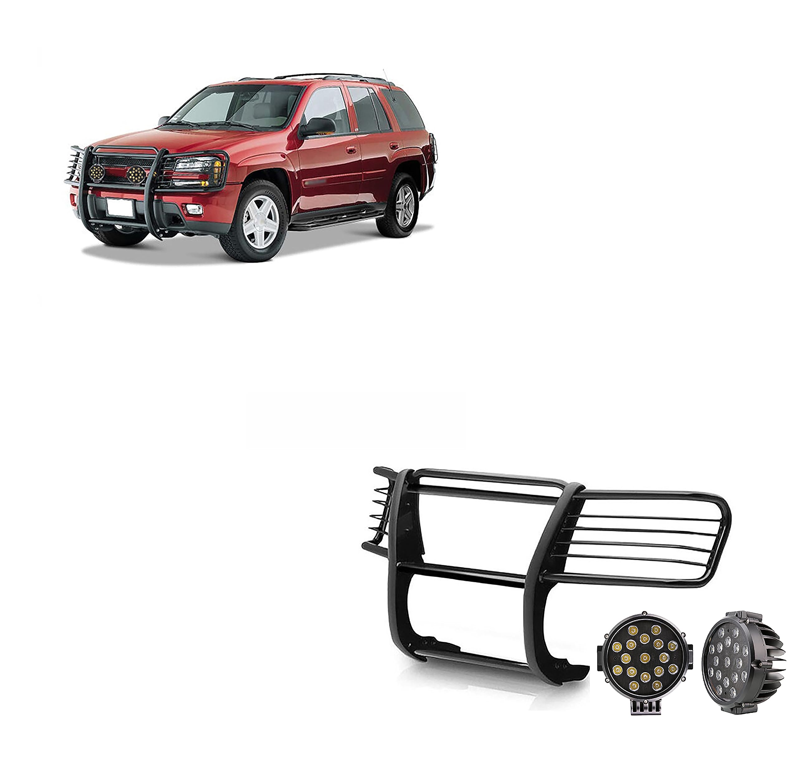 Bumper Guard Modular Black Horse Grille brush Come With pair of 7.0"Dia.LED Lights with Black Trim Rings Compatible with 2002-2009 Chevy Trailblazer|2002-2006 Chevy Trailblazer EXT-17GK26MA-PLB