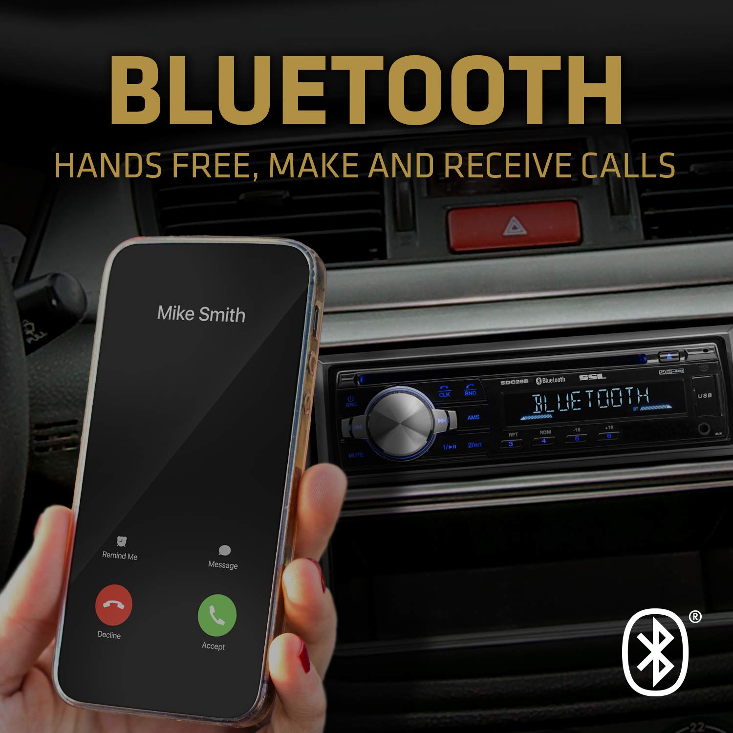 SDC26B Sound Storm Laboratories Car Stereo - Single Din, Bluetooth Audio and Hands-Free Calling, Built-in Microphone, MP3 Player, CD, USB Port, AUX Input, AM/FM Radio Receiver, Wireless Remote Control