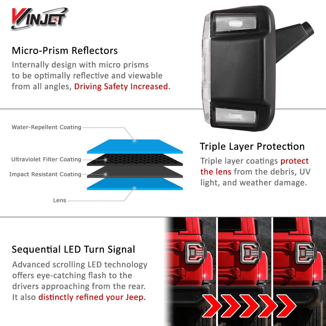 Tail Lamps Winjet Compatible with Jeep [2018-2025 Wrangler JL] & [2021-2025 Jeep Wrangler 4XE Plugin] LED Sequential Tail Lights (Black Clear)