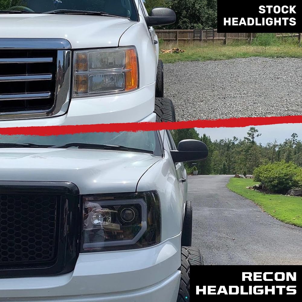 RECON - Projector Headlights Fits 2007-2013 Sierra (1500, 2500, 3500) OLED Halos & DRL - Smoked Lens