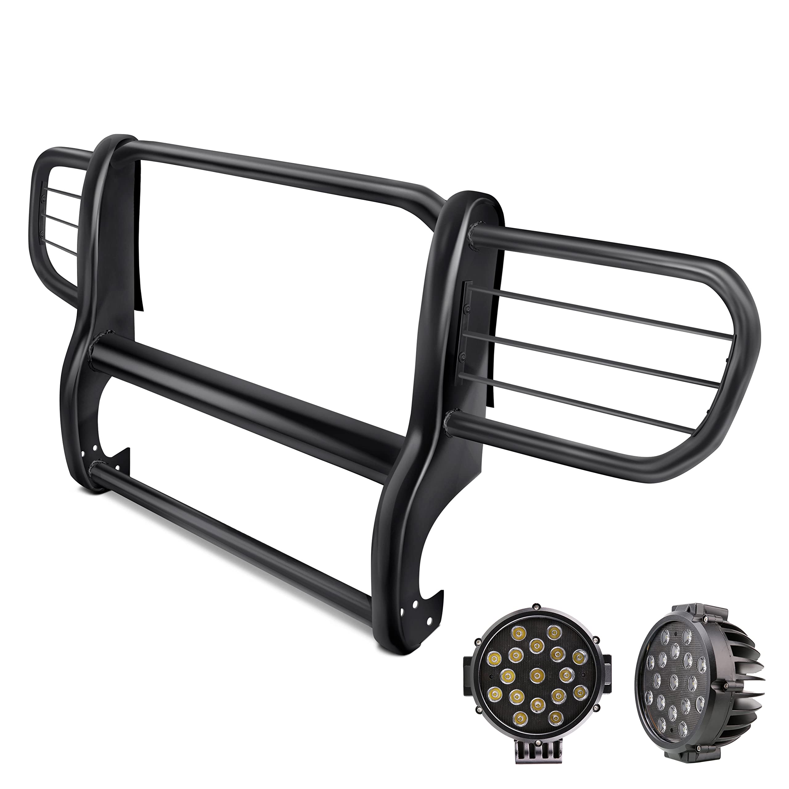 Grille Brush Black Horse Bumper Guard Modular Come with Pair of 7.0" Dia.LED Lights with Black Trim Rings Compatible with 2006-2010 Jeep Commander-17A081000MA-PLB
