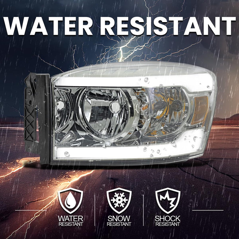 Light Smoke Spec-D Tuning Headlights with Amber Reflector and LED Strip Compatible with 2006-2008 Dodge Ram 1500 2500 3500