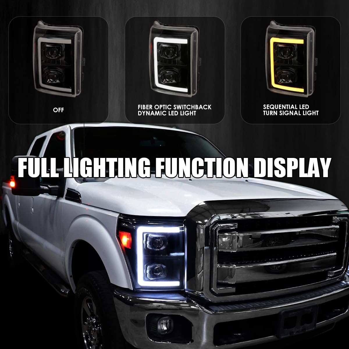 Black Smoke SPEC-D TUNING Projector Headlights w/Switchback Sequential LED Bar and Startup Animation Compatible with 2011-2016 Ford F250, F350, F450, F550 Super Duty, Left + Right Pair Headlamps