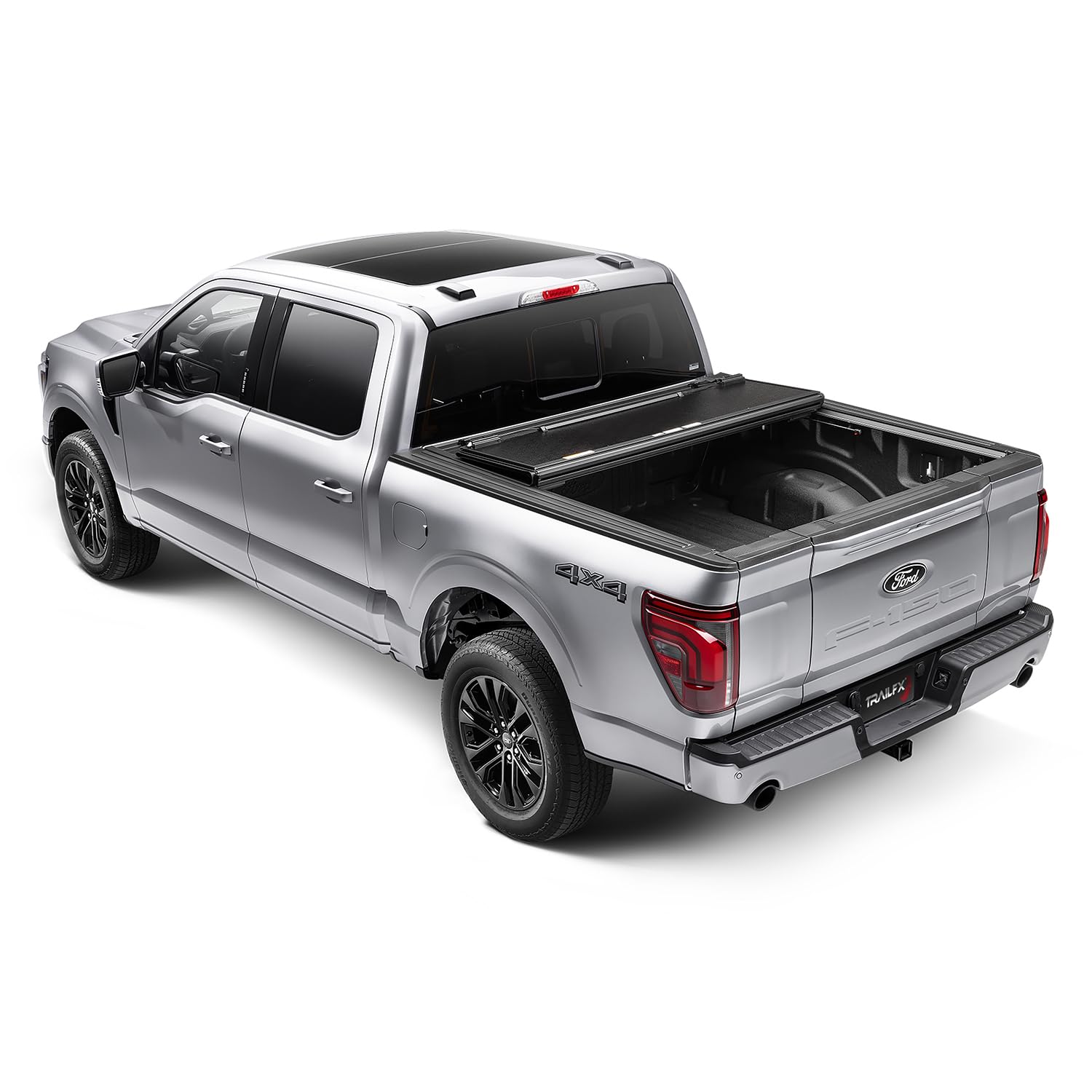 TrailFX Hard Tonneau Tri-Fold Cover Fits 2021-2025 Ford F-150 5.5 Foot Bed Hard Folding Cover 3 Folds 3 Panels Lockable Tailgate Handle Gloss Black Textured Aluminum Clamp-On Installation