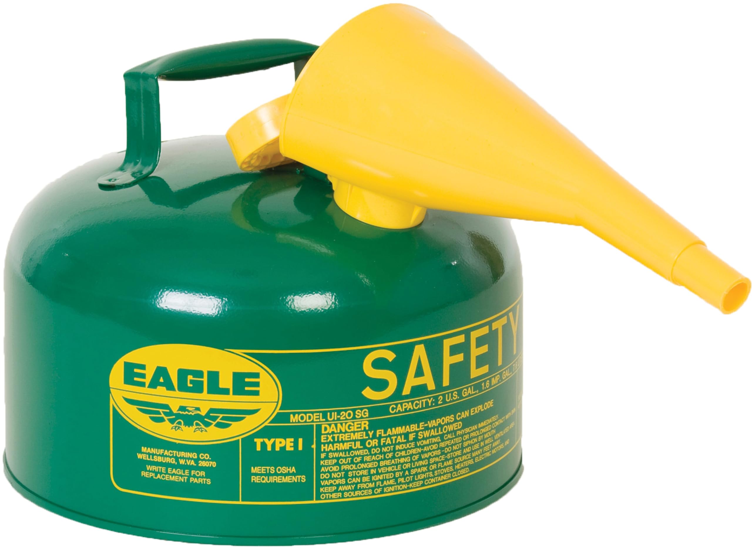 Eagle Safety Gas Can 2.5 Gallon Type I Green for Oil and Other Combustibles with Flame Arrester, Self-Closing Lid, and F-15 Funnel, Made in the USA, Galvanized Steel Flammable Storage Can, UI25FSG