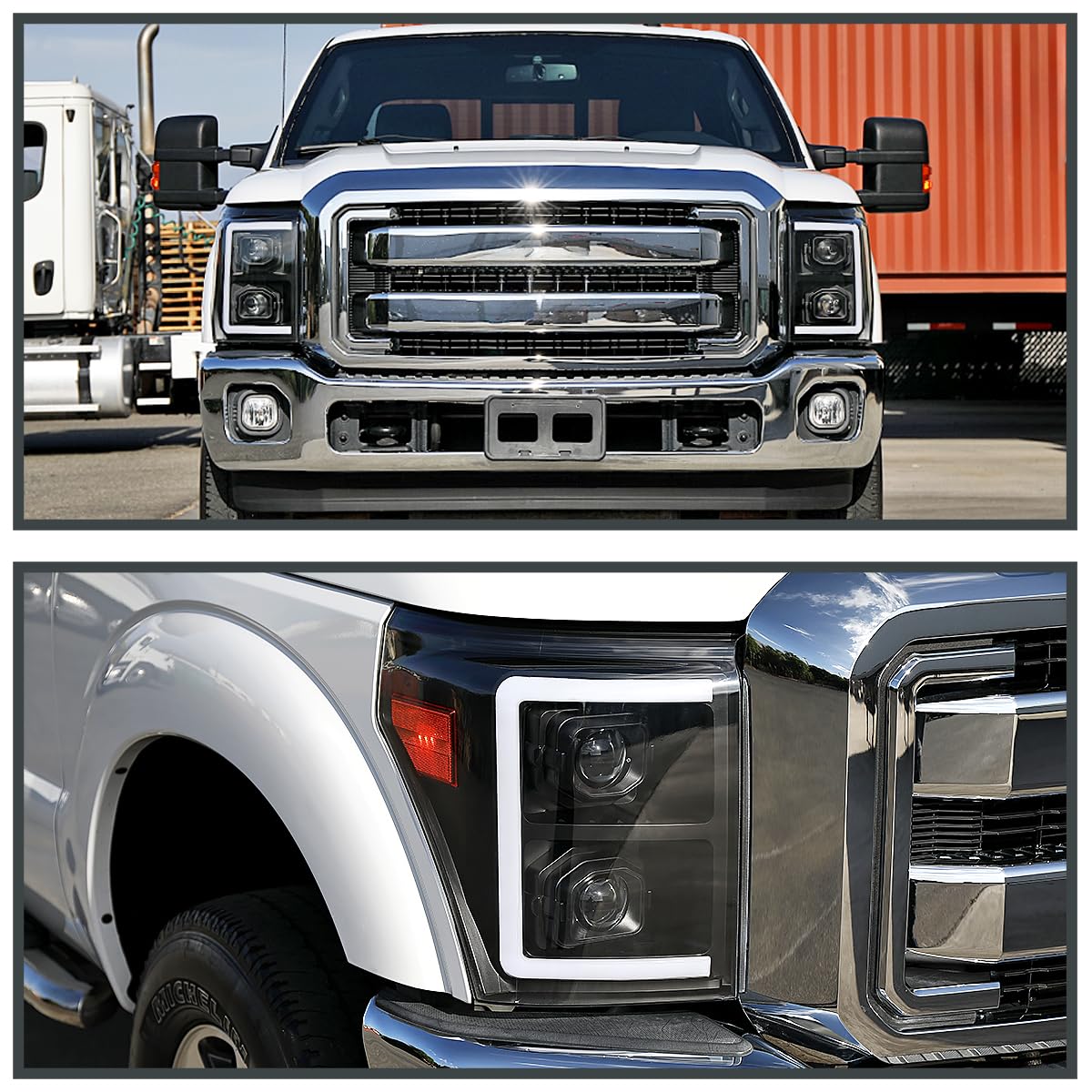 Black SPEC-D TUNING Projector Headlights w/Switchback Sequential LED Bar and Startup Animation Compatible with 2011-2016 Ford F250, F350, F450, F550 Super Duty, Left + Right Pair Headlamps Assembly