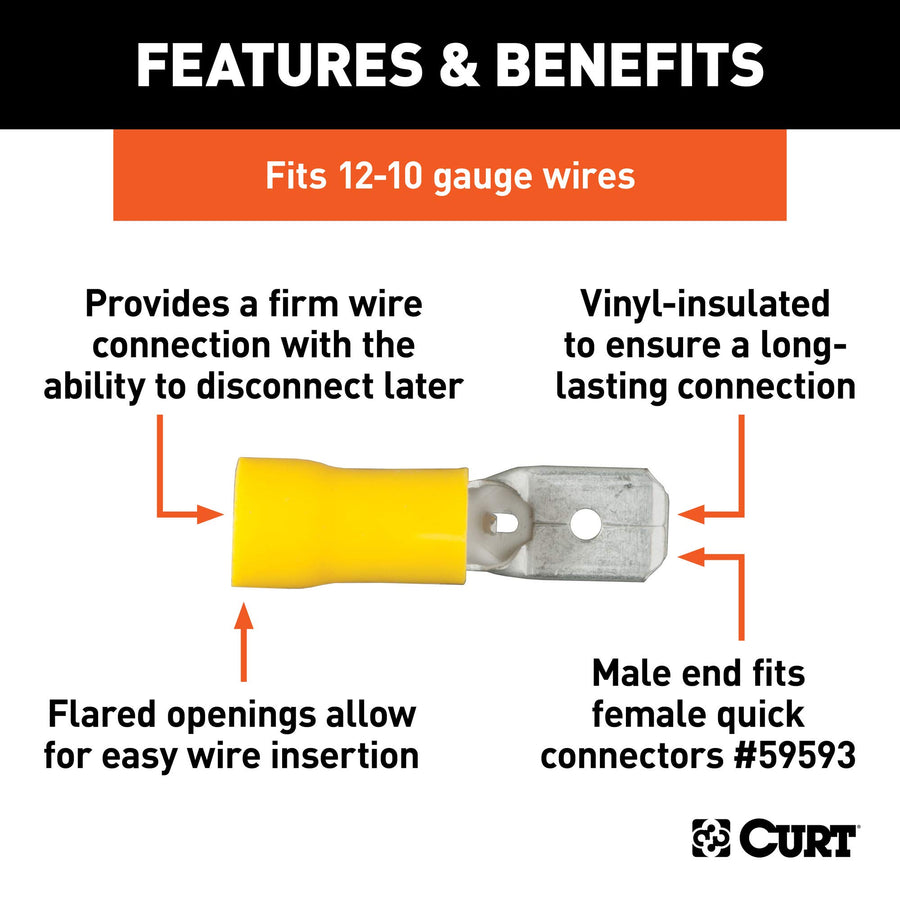 CURT 59433 Yellow Vinyl-Insulated 12-10 Gauge Male Wire Quick Connectors, 100-Pack