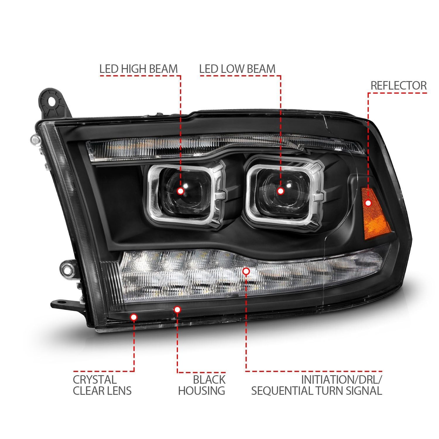 09-18 Dodge Ram 1500/2500/3500 ANZO Full LED Proj Headlights w/Switchback Light Bar - Black