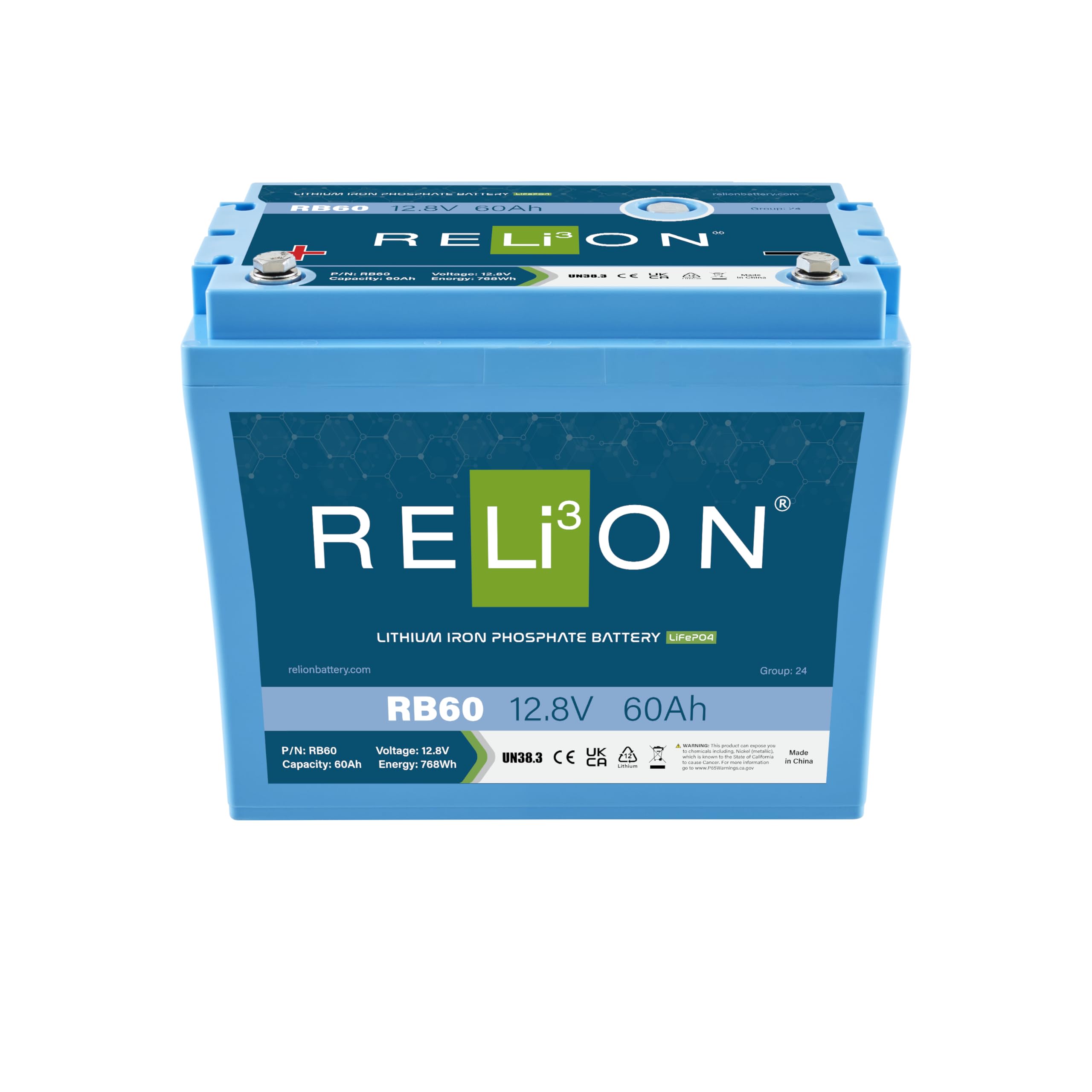 12V RELiON RB60 | 60Ah LiFePO4 Lithium-ion Battery | Group 27 | 3500~5000 Cycles | Waterproof (IP67 Rating) | 10 Year Warranty | Perfect for Boat, Kayak, Trolling Motor, RV, Solar, Off Grid etc.