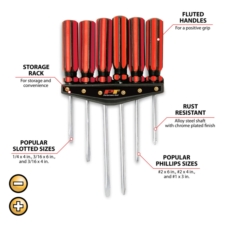 W1785 Performance Tool 6 Pc. Screwdriver Set - Phillips, Slotted, Alloy Steel Shafts, Chrome-Plated, Fluted Handles, Added Length for Hard-to-Reach Fasteners, Red/Black