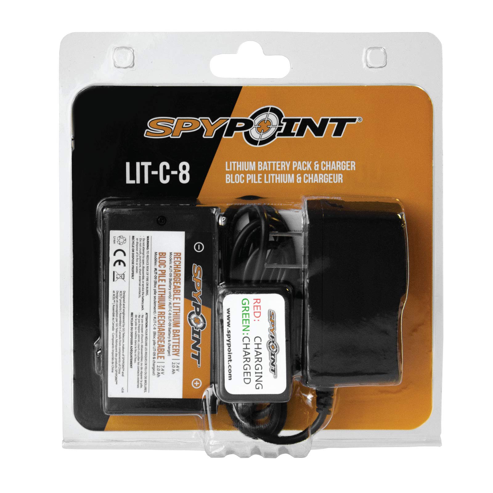 LIT-C-08 SPYPOINT Lithium Battery Pack Kit With 7.4V AC Charger For Camera Lithium Battery - Full Charge in 48 hours with charge indicator light included | Cell Cameras for Hunting Battery and Charger