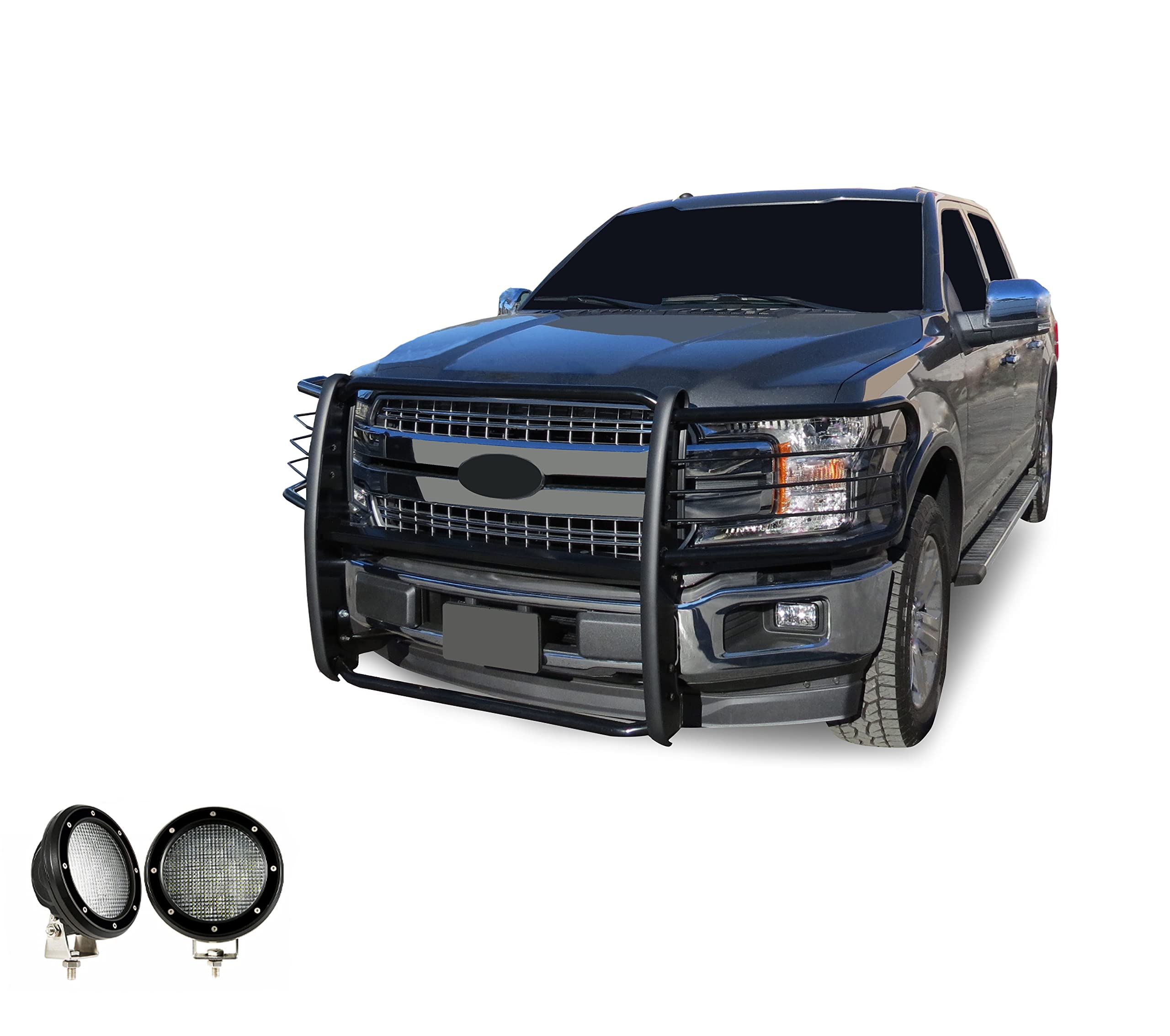 Bumper Guard Black Horse Grille brush Modular Come with Pair of 5.3" Dia.LED Lights with Black Trim Rings Compatible with 2015-2024 Ford F-150-17FP32MA-PLFB