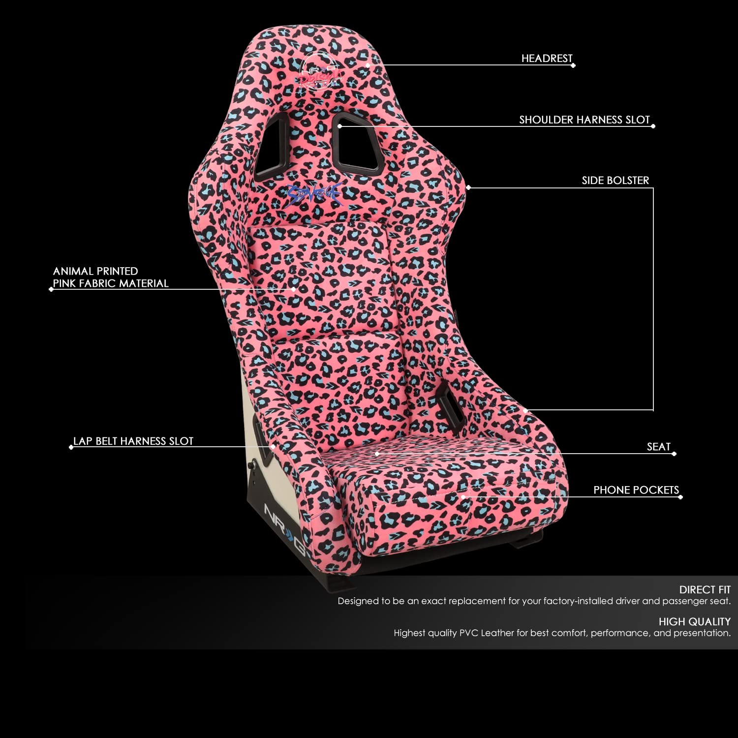 NRG Innovations Prisma FRP-303-PK-SAVAGE Fixed Back Bucket Racing Seat with Bottom Mount Bracket,Pink Savage Cheetah/White Pearl Back