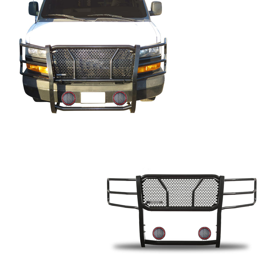 RUGGED HD Black Horse Grille Brush Bumper Guard Modular Come W/ Pair of 5.3"LED Light Compatible with 03-14 Express 1500|03-24 Express 2500/3500|09-24 Express 4500/Express Cargo-RU-GV02MA-B-PLFR
