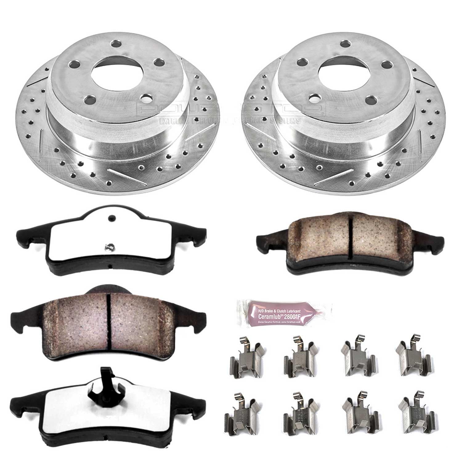 Rear Brake Kit Power Stop For 1999 2000 2001 2002 2003 2004 Jeep Grand Cherokee - Truck & Tow Carbon Fiber Ceramic Brake Pads & Drilled and Slotted Rotors Replacement, K2151-36