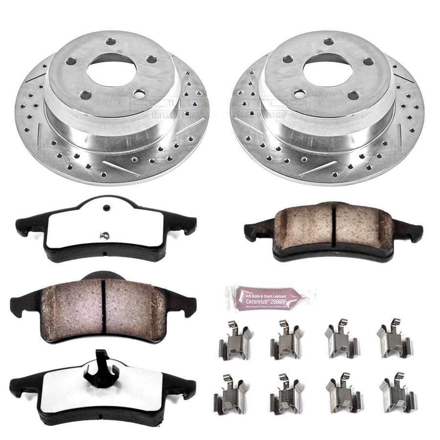 Rear Brake Kit Power Stop For 1999 2000 2001 2002 2003 2004 Jeep Grand Cherokee - Truck & Tow Carbon Fiber Ceramic Brake Pads & Drilled and Slotted Rotors Replacement, K2151-36