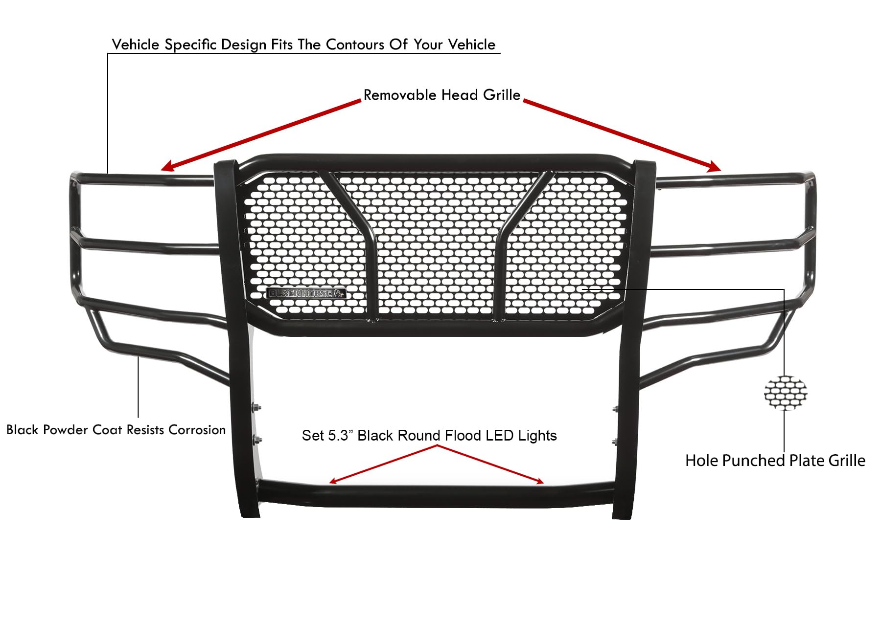 Heavy Duty Black Horse RUGGED Grille Brush Bumper Guard Modular Black Come with Pair of 5.3"LED Lights Compatible with 2011-2016 Ford F-250/Ford F-350/Ford F-450/Ford F-550 Super Duty-RU-FOF211-B-PLFB