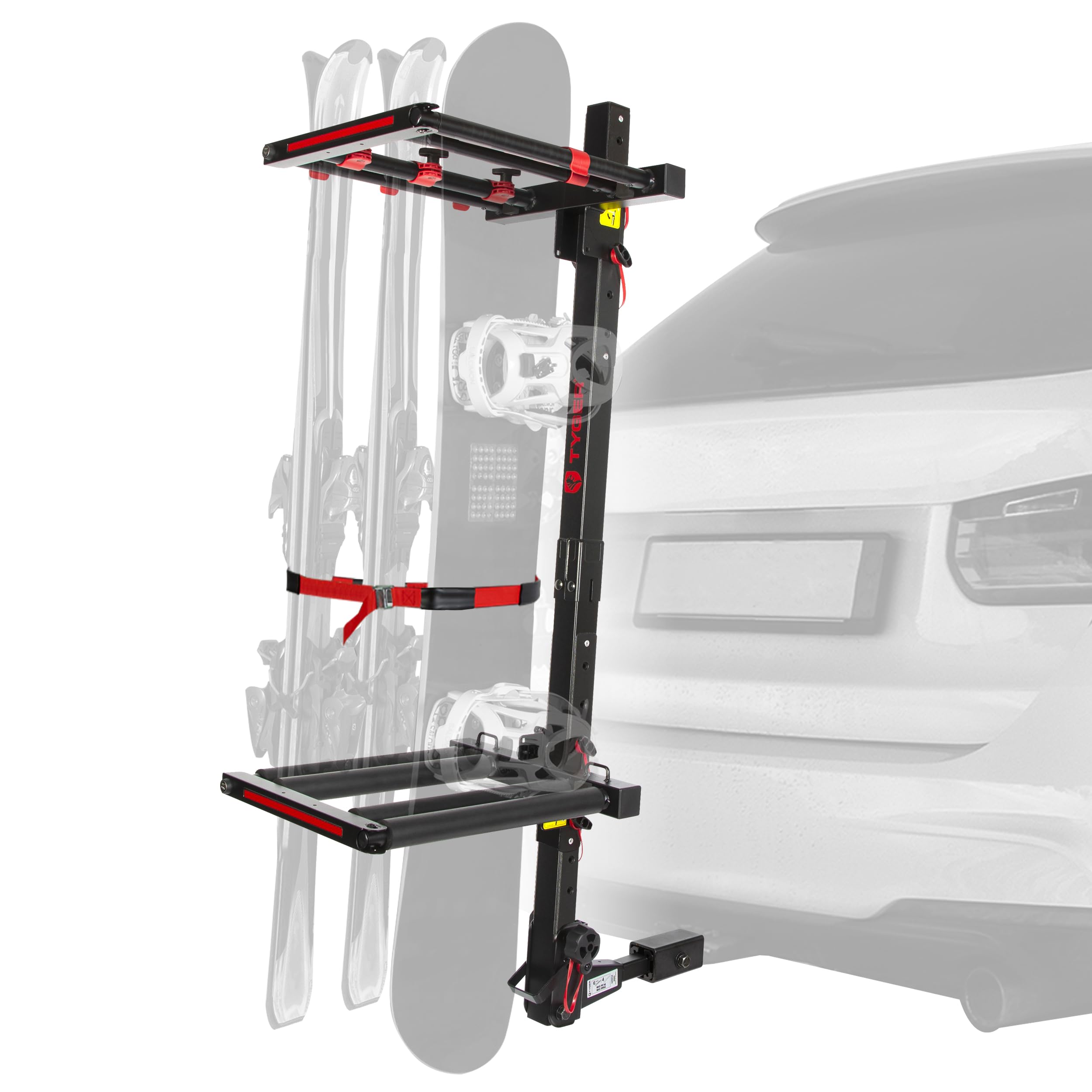 Folding Hitch-Mounted Ski/Snowboard Rack Tyger Auto TG-RK1B707B Fits 2" or 1.25" Receiver Carries 6 Pair Skis or 4 Snowboards | Key Lock | Security Strap | Vertical Adjustable | Tilt Access
