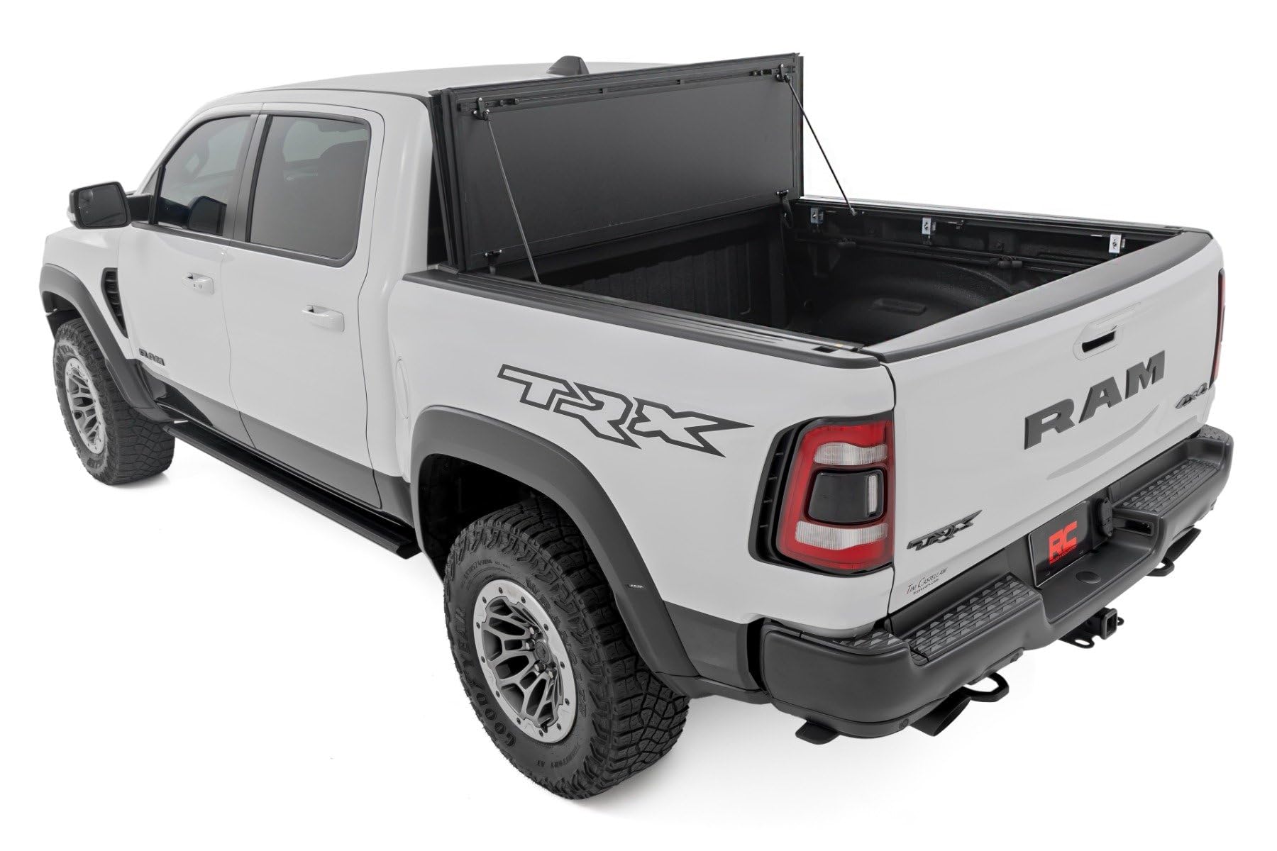 Rough Country Hard Tri-Fold Truck Bed Flip Up Tonneau Cover for Dodge Ram 1500 (2019-2025) TRX (2021-2025) - Flush Aluminum Bed Cover, Fits 5'7" (66.7") Bed