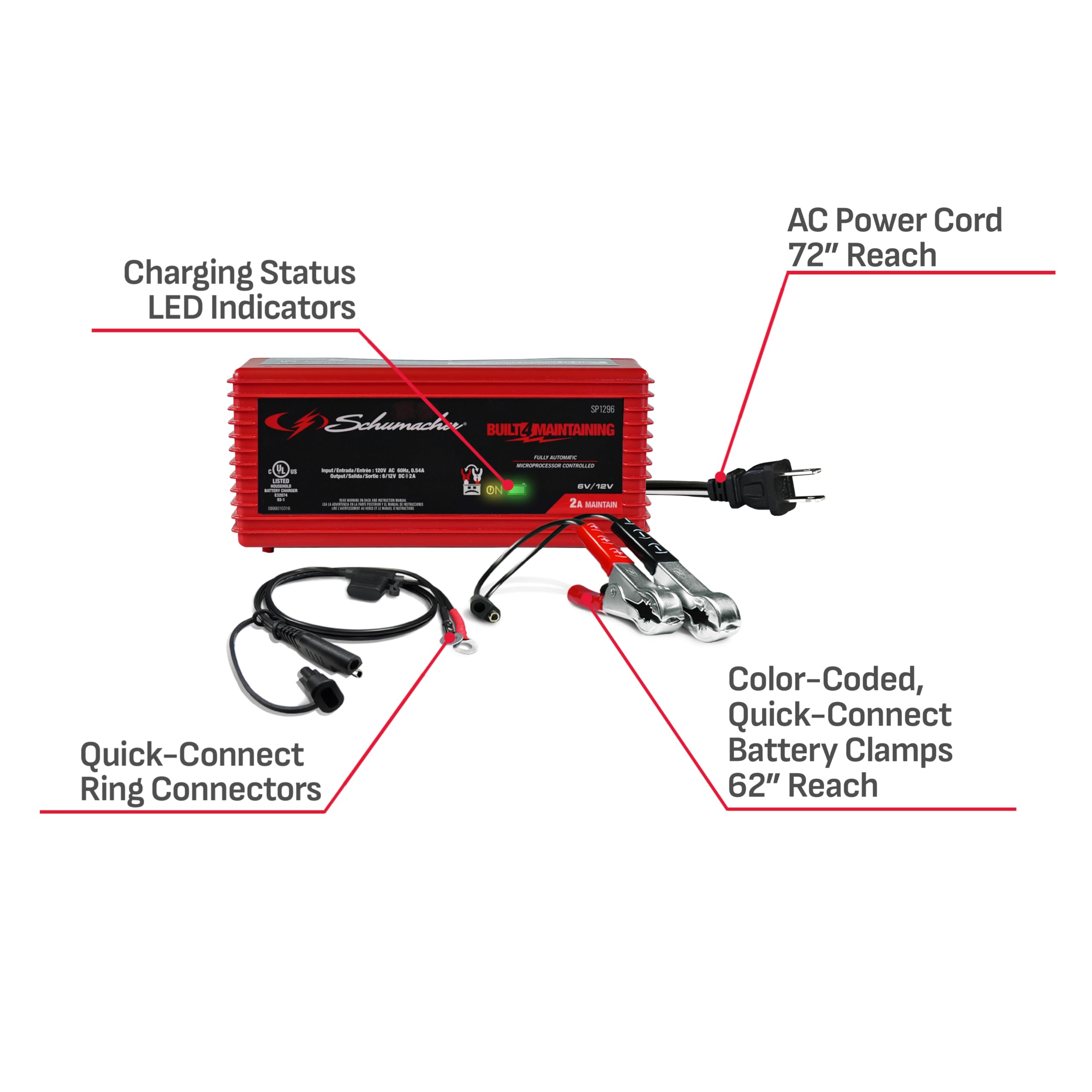 2A Schumacher Electric Car Battery Charger and Maintainer, 3-in-1 Solution, for 6V/12V Power Sport, Automotive, and Marine Batteries, SP1296