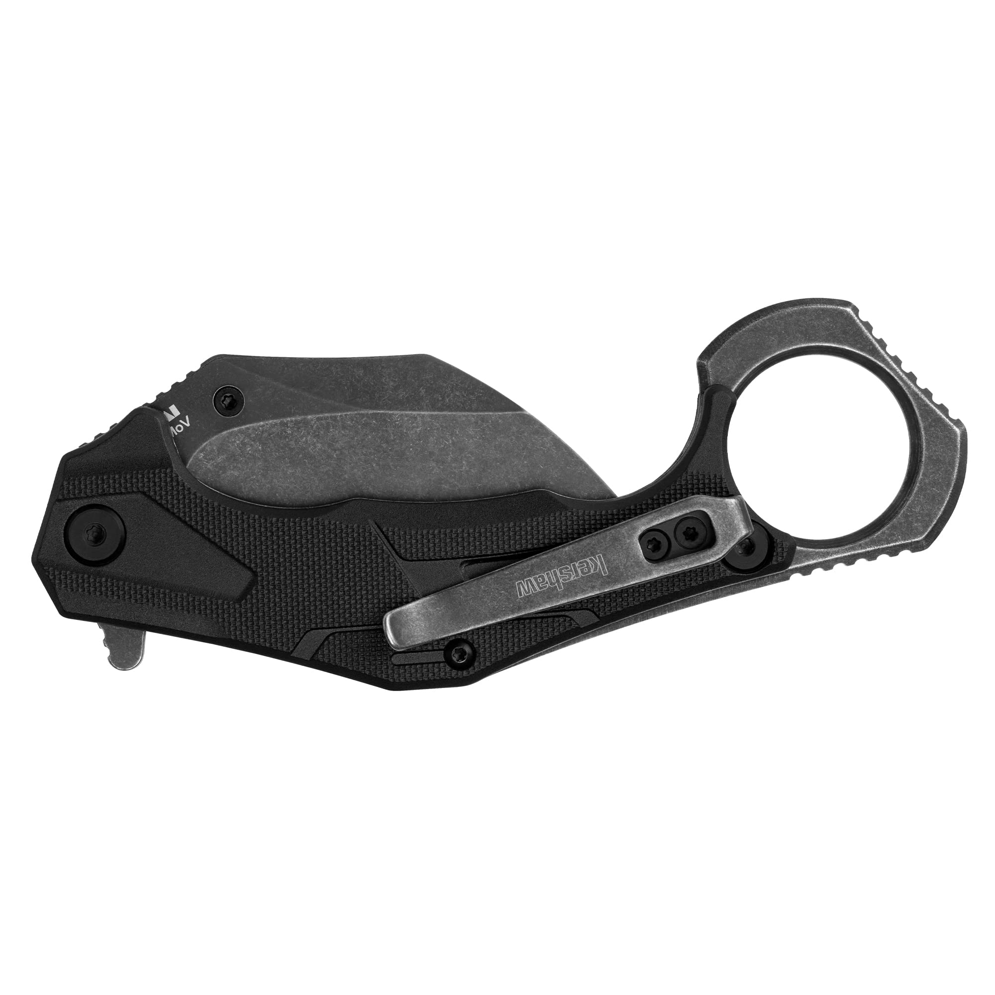 Kershaw Tactical Outlier, Karambit Style Folding Pocket Knife with Assisted Opening, Reverse Grip, Blackwash Finish on Black Handle, Liner Lock, 2.6 inch Blade with Deep Carry Pocketclip