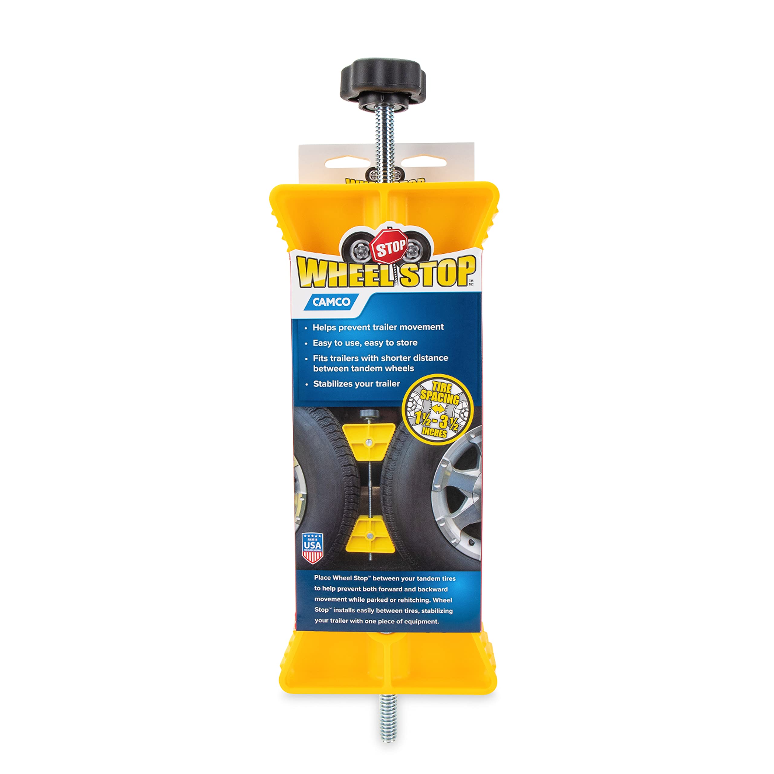 Camco RV Small Wheel Stop - Features a Lightweight Heavy-Duty Design with a Rubber Handle, Prevents Shifting of Trailer Tandem Tires While Parked or Re-Hitching, and Fits 26” to 30” Tires (44652)