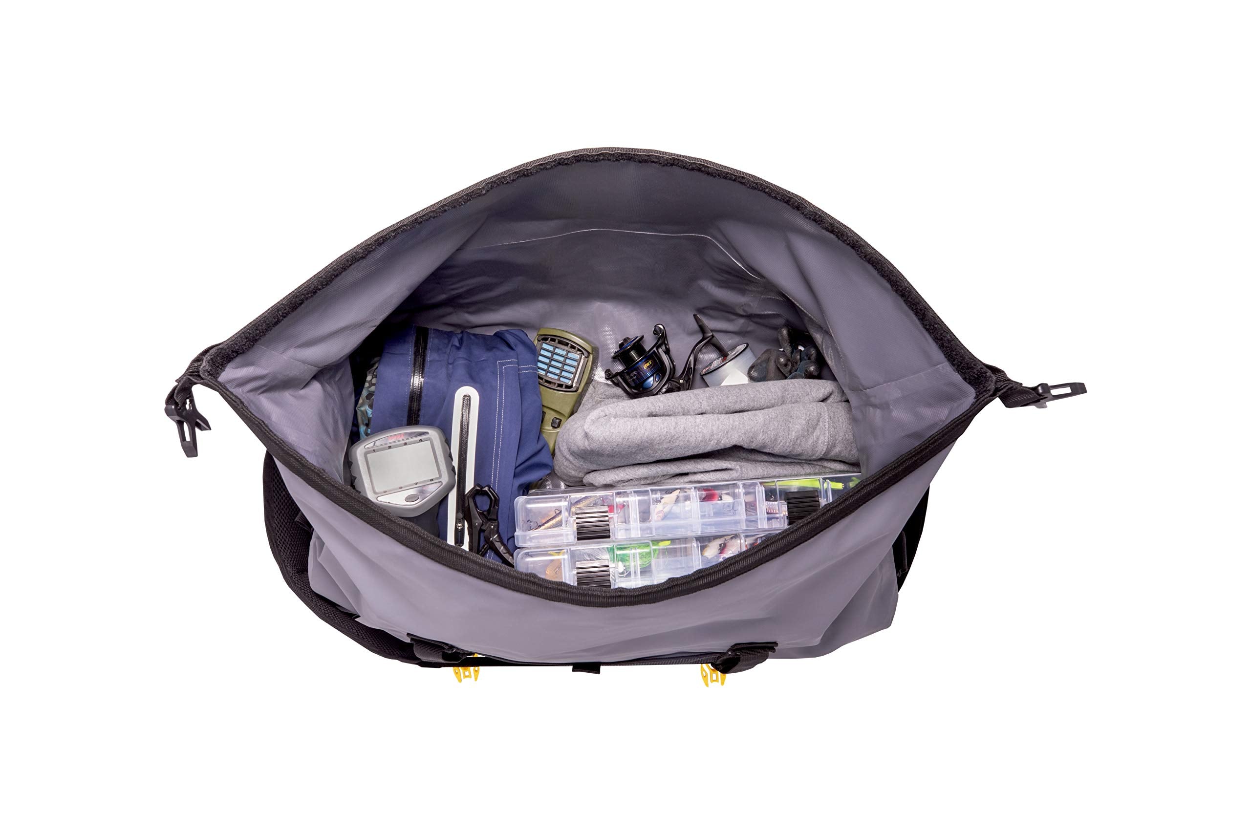Z-Series Plano Roll-Top Waterproof Duffel with Backpack Straps, Gray with Yellow Accents, 500D PVC Fabric Fishing Dry Bag, Soft Fishing Duffel Bag Storage