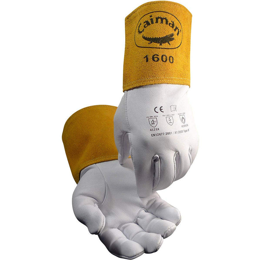 Caiman Goat Grain Premium TIG Welding Gloves, 4-Inch Gold Extended Cuff, Unlined, White/Gold, Medium (1600-4)
