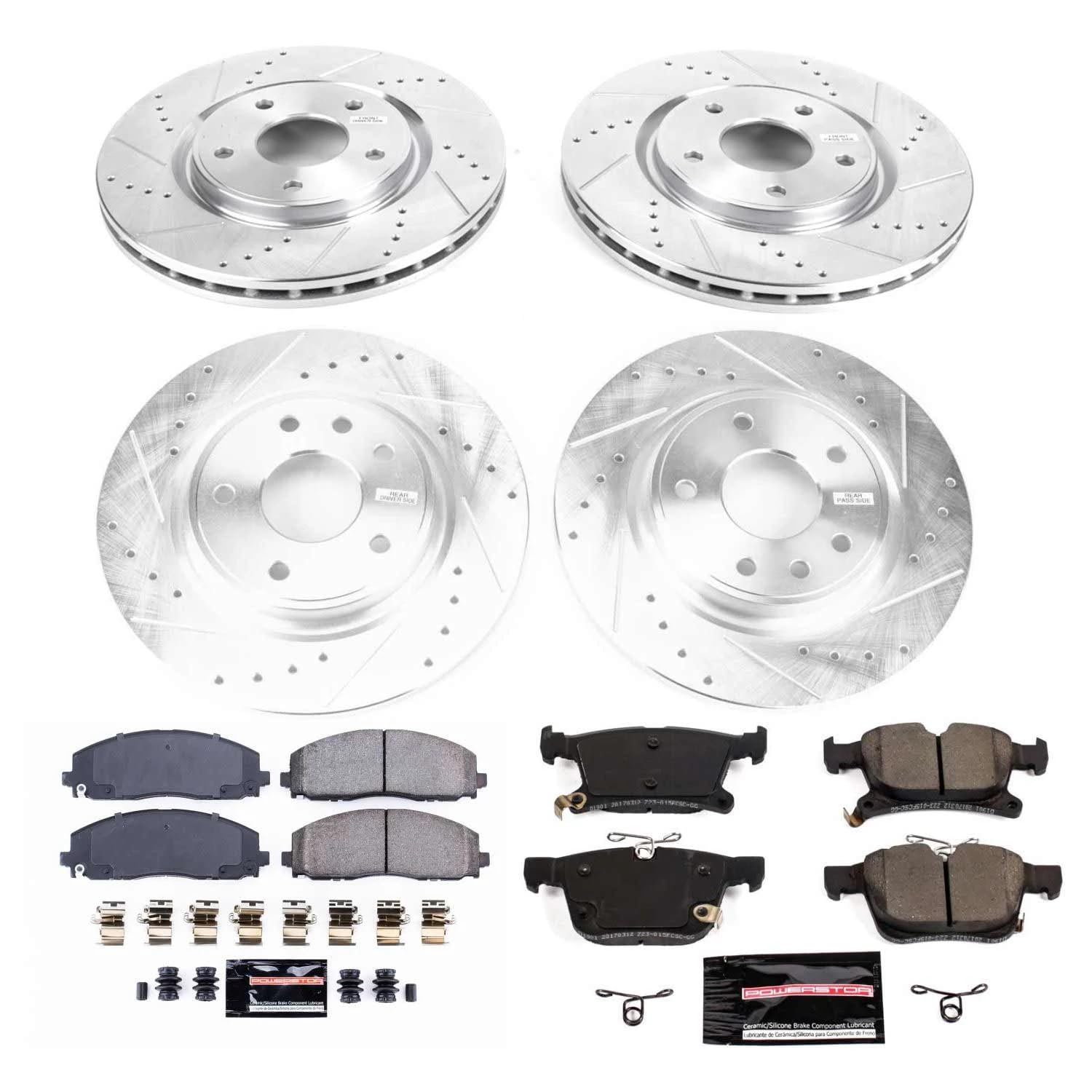 Power Stop K7841 Z23 Carbon Fiber Brake Pads Front and Rear with Drilled and Slotted Brake Rotors Kit For 2017-2019 Pacifica | 2020-2022 Pacifica [Gas, Flex Fuel, FWD] | 2020-2022 Voyager