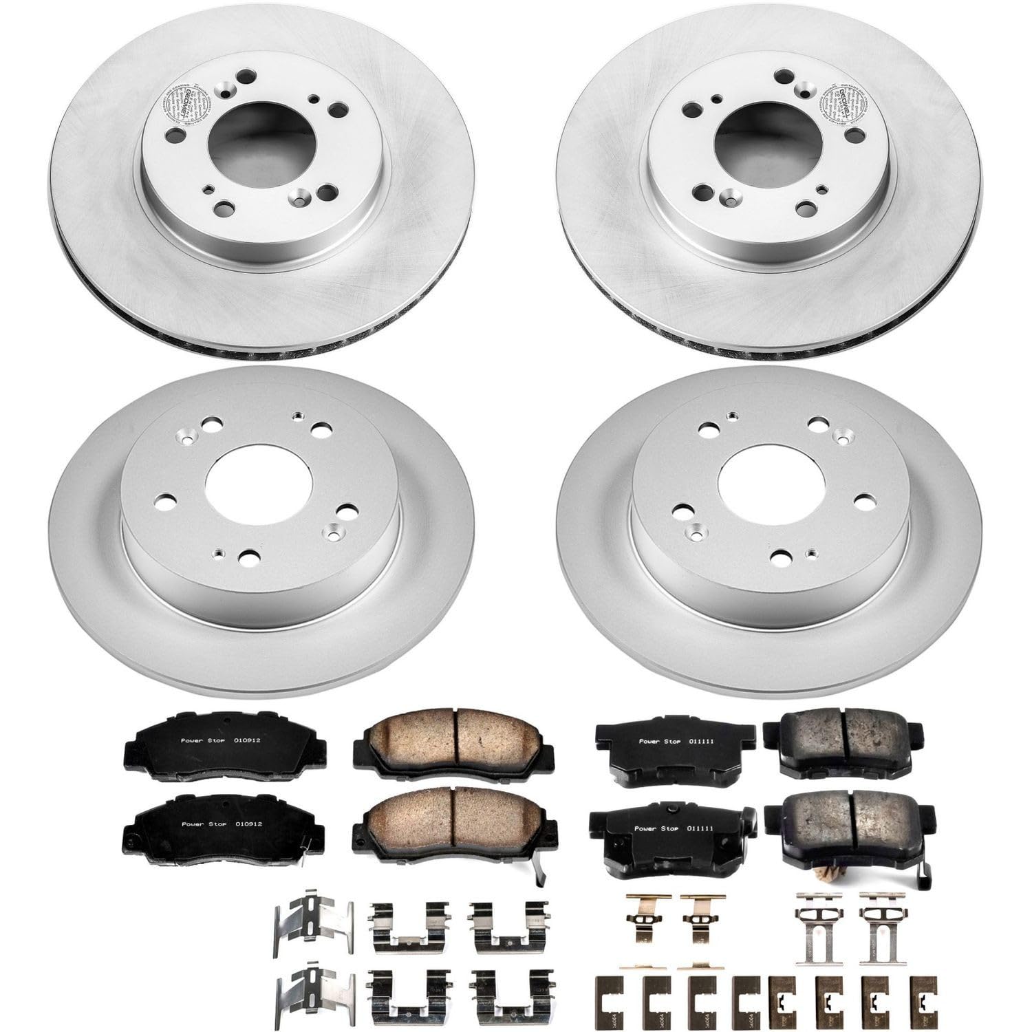 Power Stop Coated CRK706 Brake Rotor and Ceramic Brake Pads- Front & Rear For Honda Prelude 1997-2001 [Model Specific]