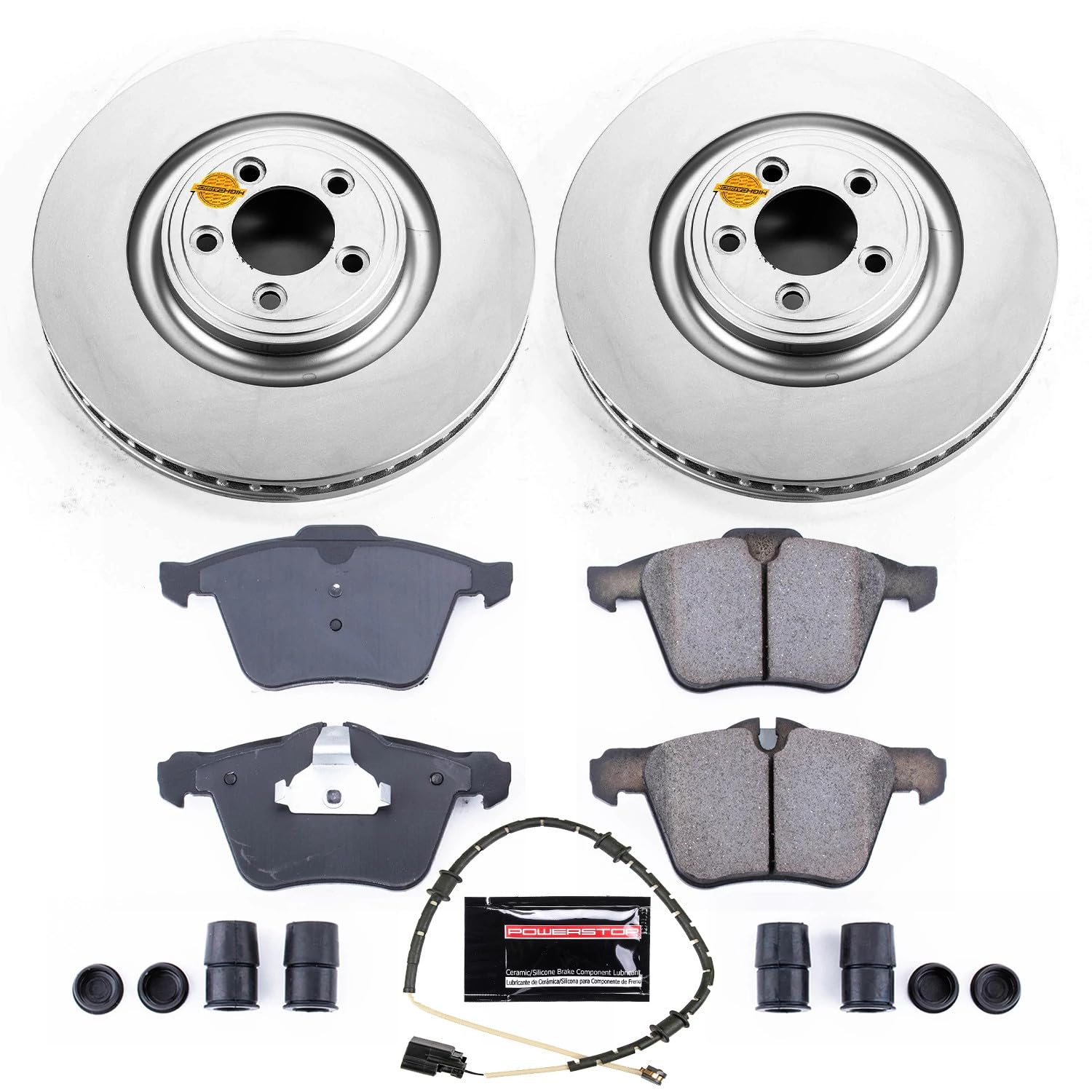Power Stop Coated Brake Rotor CRK6282 and Ceramic Brake Pads- Front and 1 Front Sensor Wire For Jaguar XF 2010-2015, Jaguar XJ 2010-2019, Jaguar XK 2010-2015 [Model Specific]