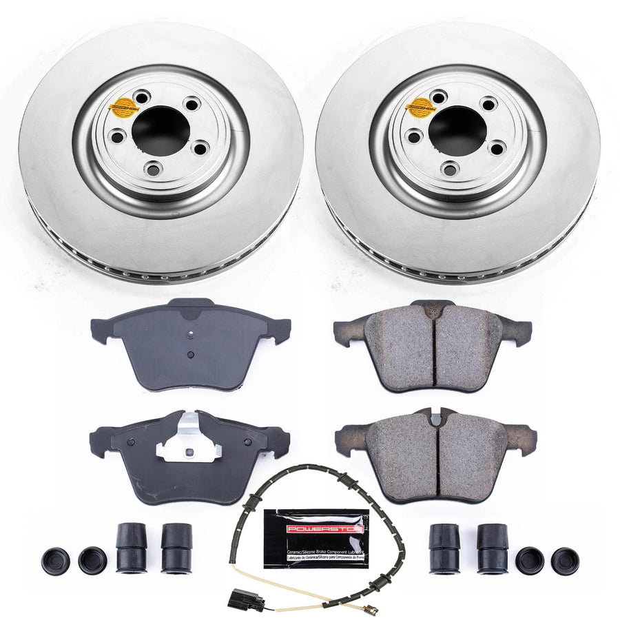Power Stop Coated Brake Rotor CRK6282 and Ceramic Brake Pads- Front and 1 Front Sensor Wire For Jaguar XF 2010-2015, Jaguar XJ 2010-2019, Jaguar XK 2010-2015 [Model Specific]