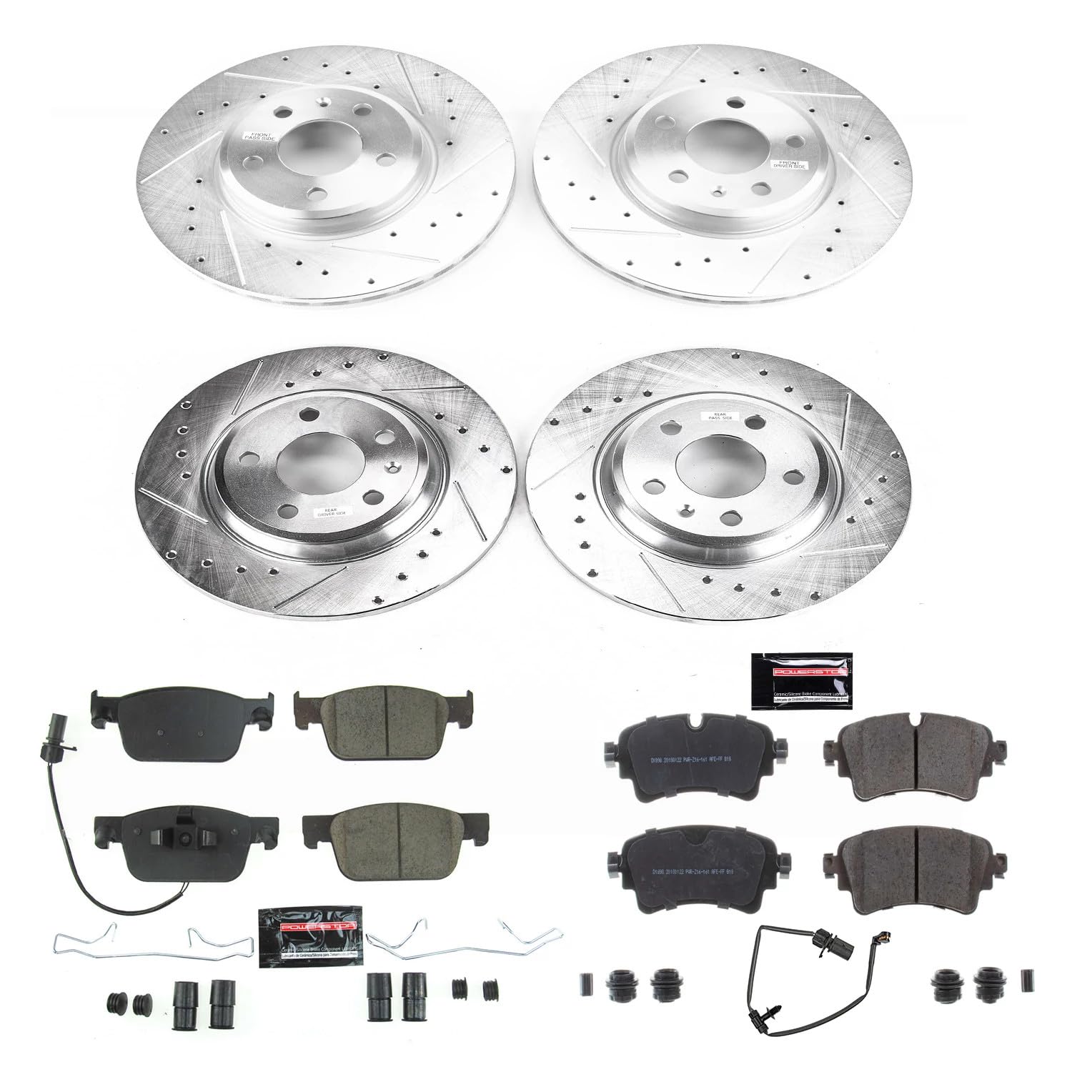 Power Stop K8197 Z23 Carbon Fiber Brake Pads Front and Rear with Drilled & Slotted Brake Rotors Kit Integral sensor wire in Front pads; and 1 Rear sensor wire