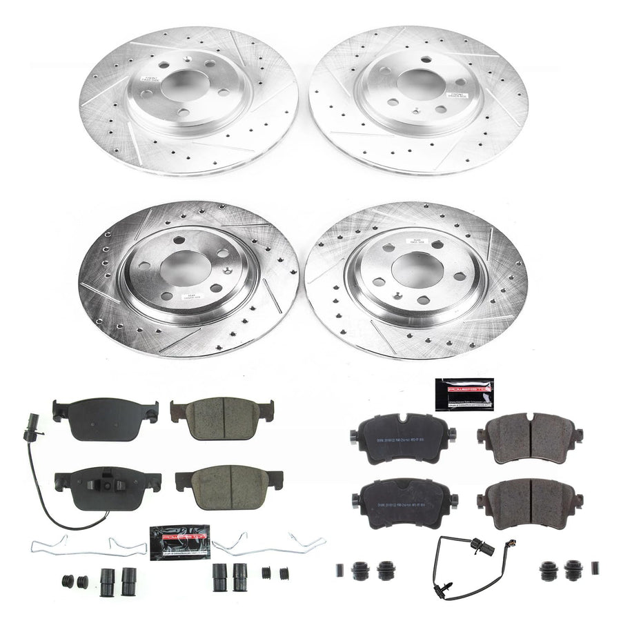 Power Stop K8197 Z23 Carbon Fiber Brake Pads Front and Rear with Drilled & Slotted Brake Rotors Kit Integral sensor wire in Front pads; and 1 Rear sensor wire