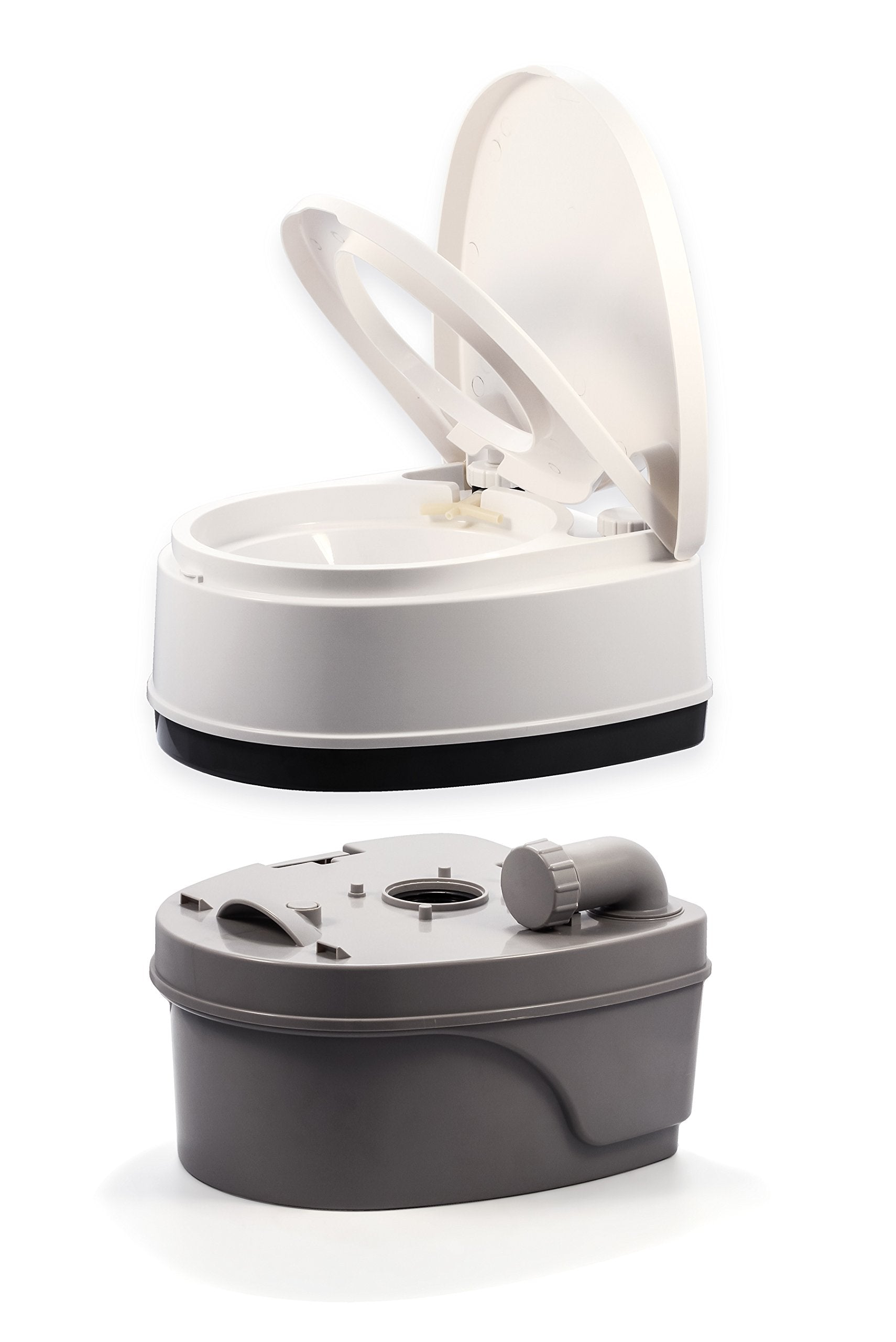 Camco Premium Portable Travel Toilet With Swivel Dumping Elbow and Three Directional Flush | Designed for Camping, RV, Boating And Other Recreational Activities - (5.3 gallon) (41545),White