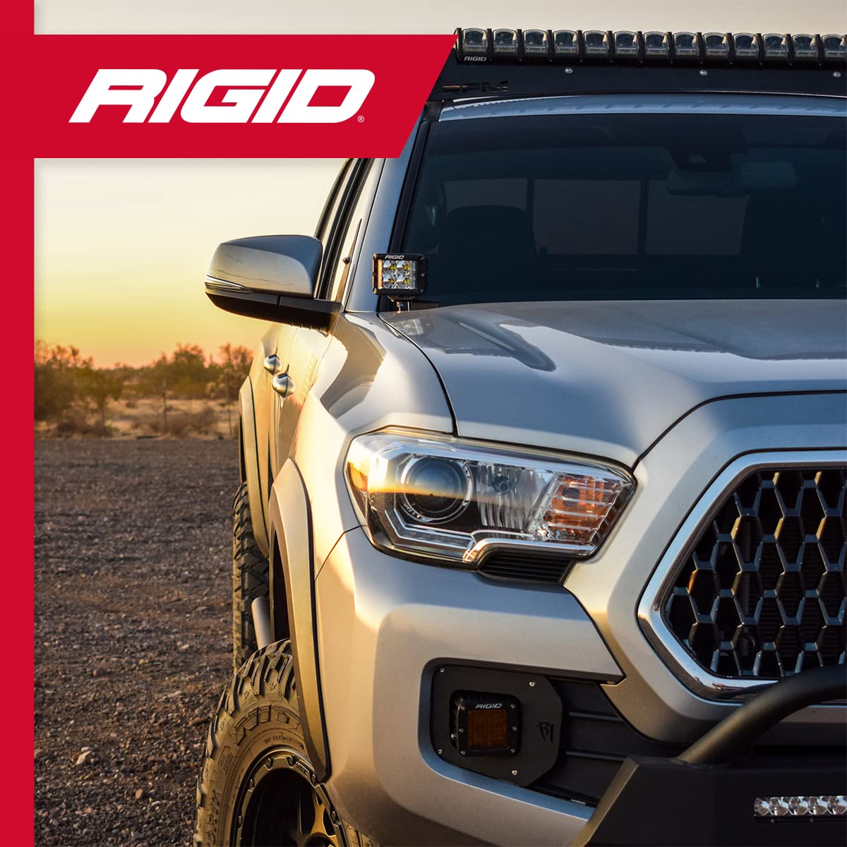 A-Pillar Light Kit RIGID INDUSTRIES, 2016-2020 Toyota Tacoma, D-SS Flood Lights (2 A-Pillar Mounting Brackets, 2 D-SS Pro Series Flood Lights, 2 Black & 2 Amber Light Covers, 1 Wiring Harness)