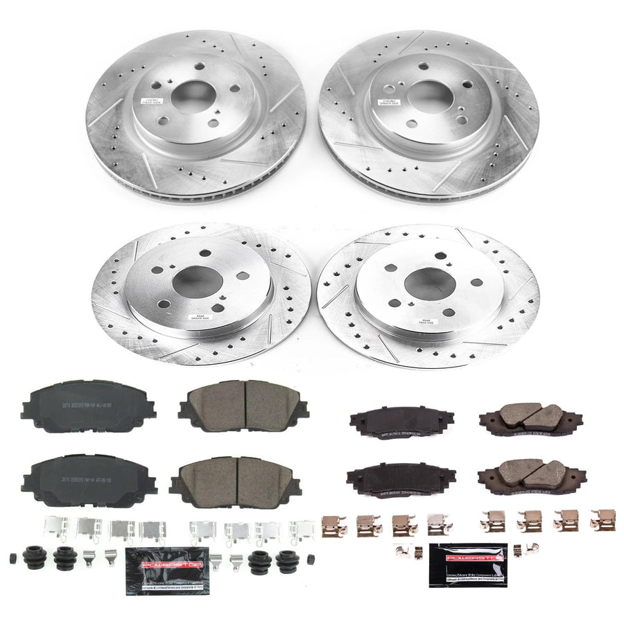 PowerStop Brake Kit Front & Rear For Toyota Camry 2018-2024, RAV4 2019-24, Lexus ES350 2019-2024, UX250h 2019-2024 - Drilled & Slotted Disc Rotors with Ceramic Brake Pads Replacement, K8348