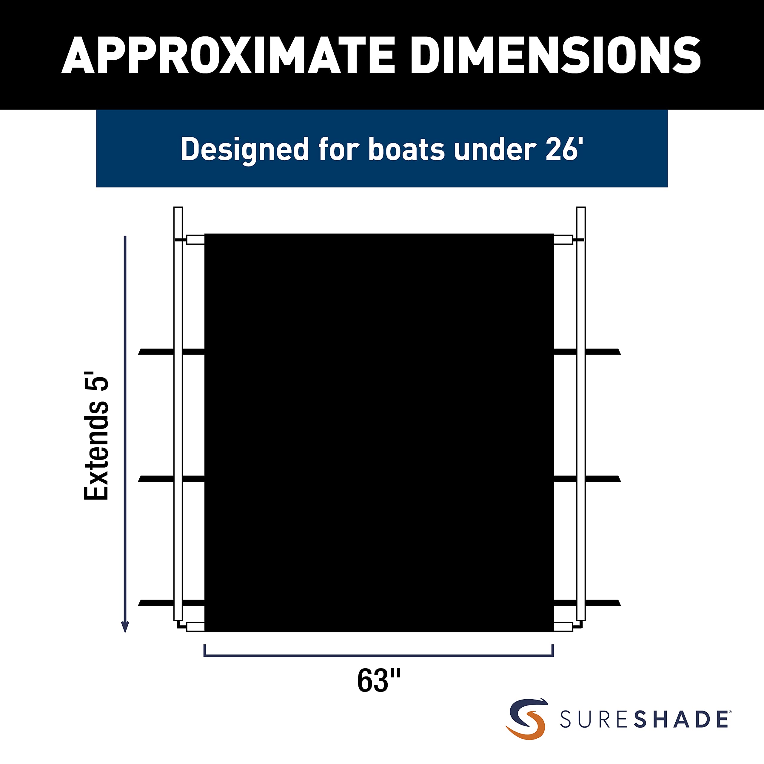 PTX Power Shade SureShade - 63" Wide (Black) - Easy Installation on T-Top or Hardtop Boats - 600D Marine Canvas, Stainless Steel Frame - 12V DC Motors - Anti-Racking and Auto Shut-Off - PTXSS63BK