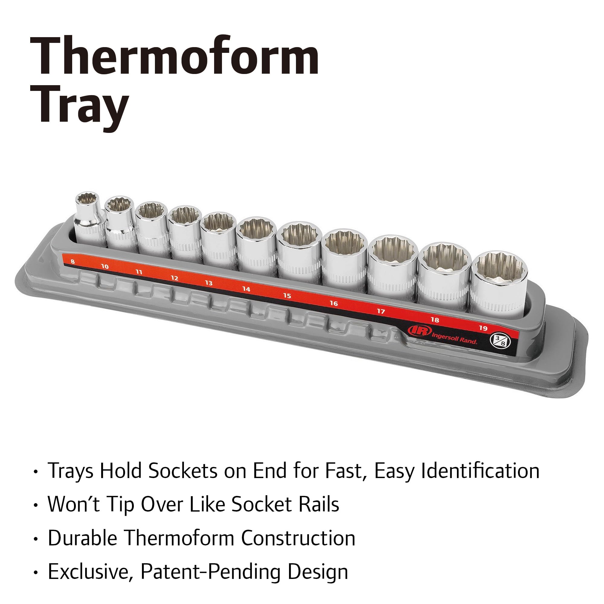 Ingersoll Rand 11-Piece Metric Shallow 3/8-Inch Drive Socket Set, 12-Point (8–19mm), Chrome Vanadium Steel, Mirror-Polish Finish, with Thermoform Organizer Tray – 752047